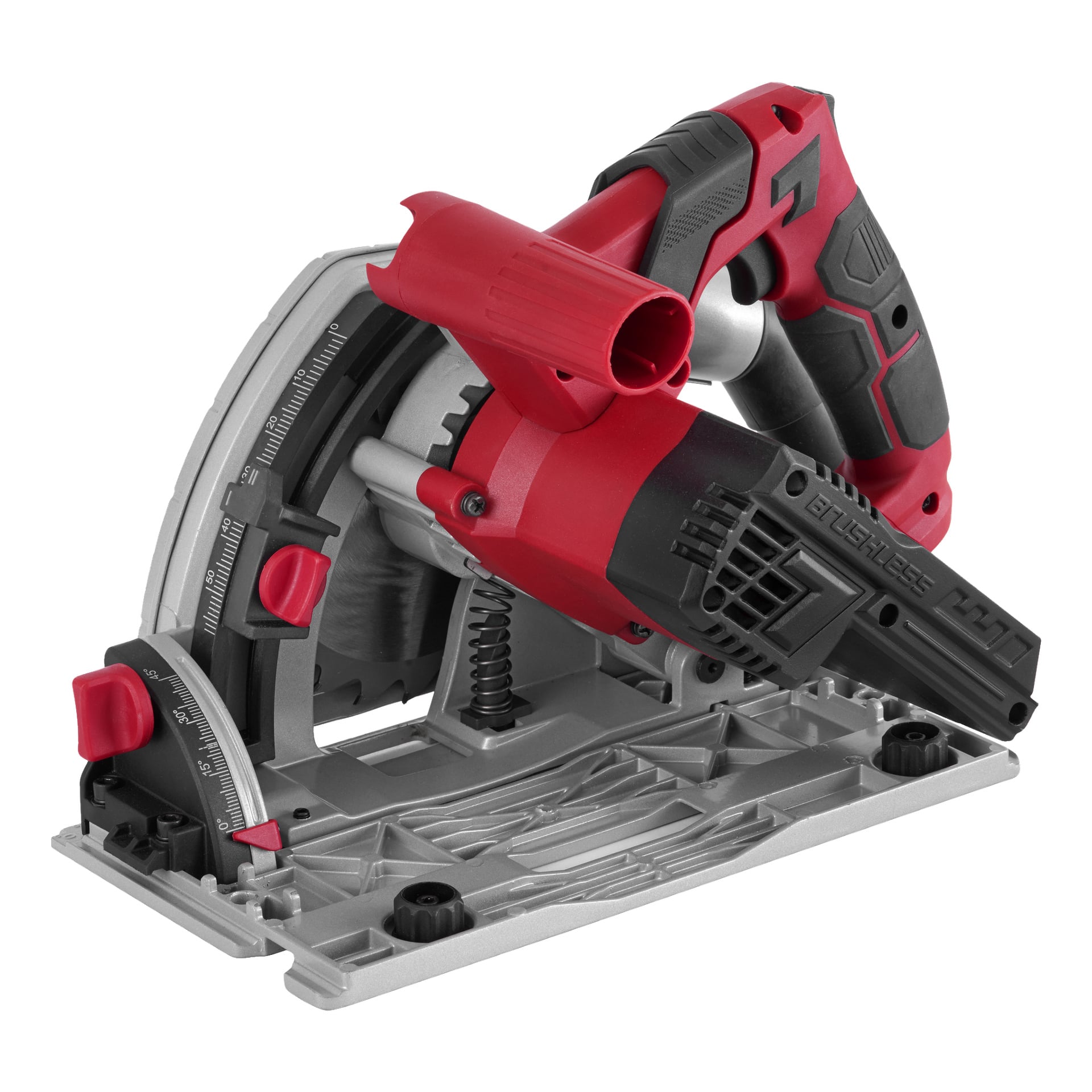 Meec Tools Multiseries CI-18V WORK 700 är en röd och svart batteridriven dyksåg på en silverfärgad metallbas med justerbara vinkel- och djupkontroller. Handtaget har ett grepp och avtryckare, och bladet, som är delvis täckt, har en skyddsskydd för skydd.