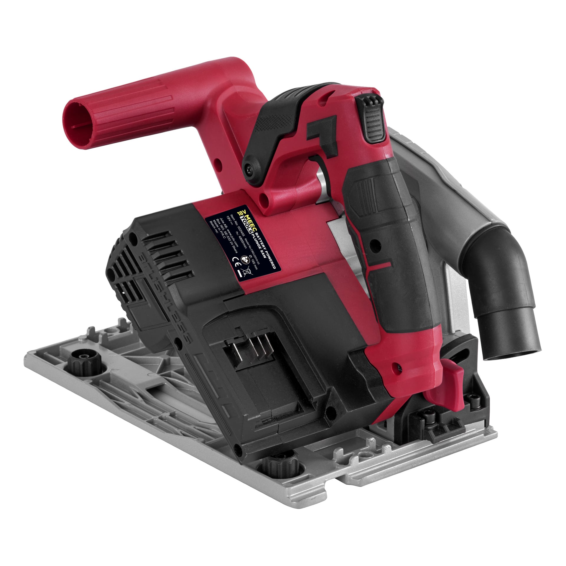 En detaljerad vy av Meec Tools Multiseries batteridrivna dykning visade CI-18V WORK 700, med sin röda och svarta design, fäst på en metallbas och utrustad med en dammutsugningsport.