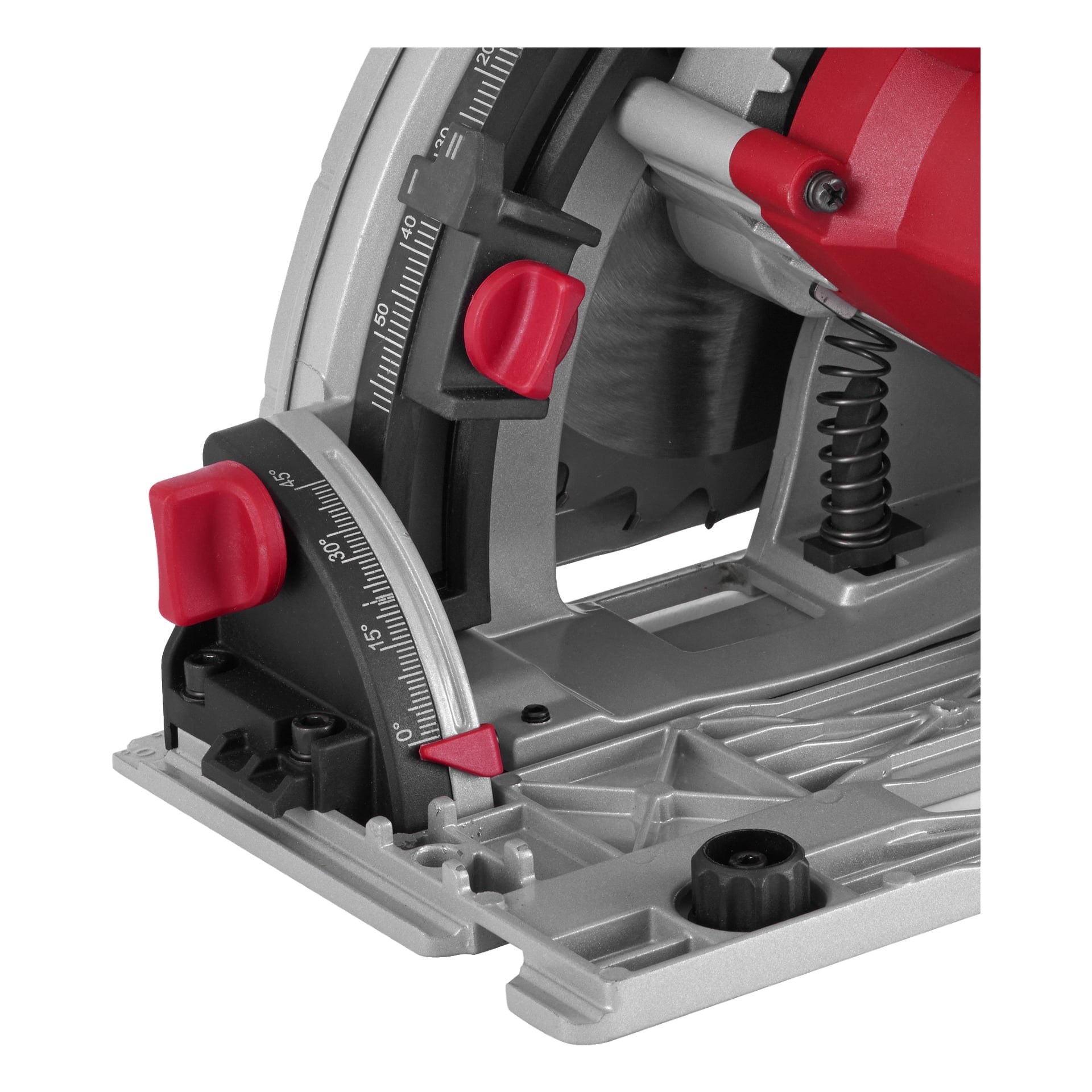 Detaljerad vy av Meec Tools Multiseries CI-18V WORK 700 batteridrivna dyksåg, med fokus på vinkeljusteringsskalan, röda låsspakar och en del av metallbotten. Bladet och justeringsfjädern syns delvis i bakgrunden.