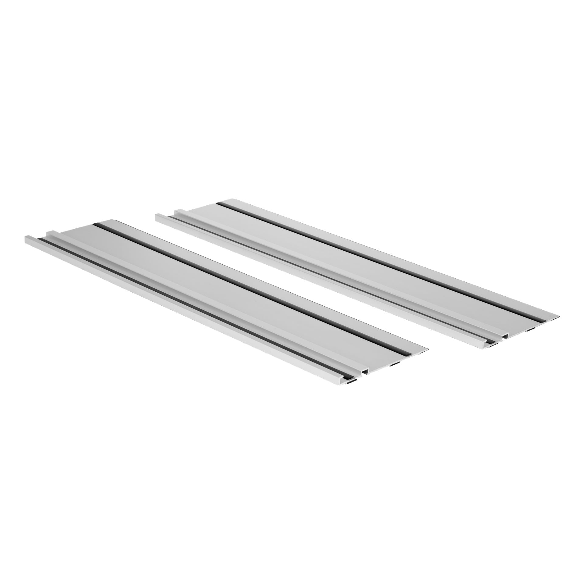 Två parallella silverfärgade metallrälser med spår längs längden är designade för kompatibilitet med Meec Tools Multiseries batteridrivna sänksåg CI-18V WORK 700.