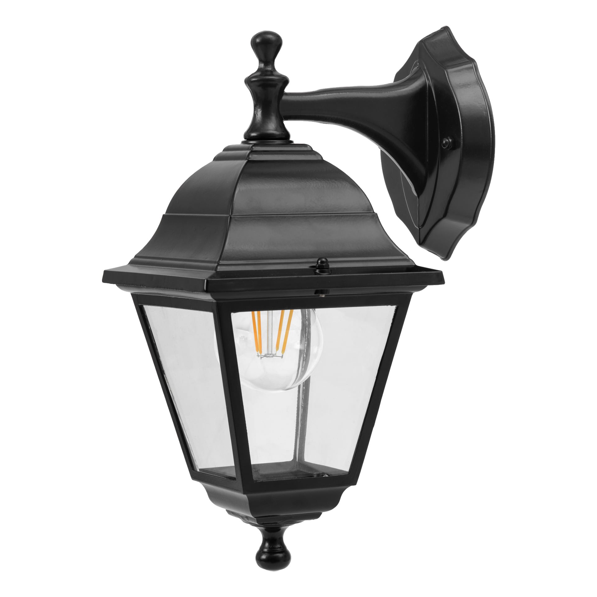 EKVIP vägglampa med en tidlös svart metallram, transparenta glaspaneler och en exponerad LED-lampa. Lampan är fäst vid en utsmyckad bakplatta och lämpad för utomhusbruk.