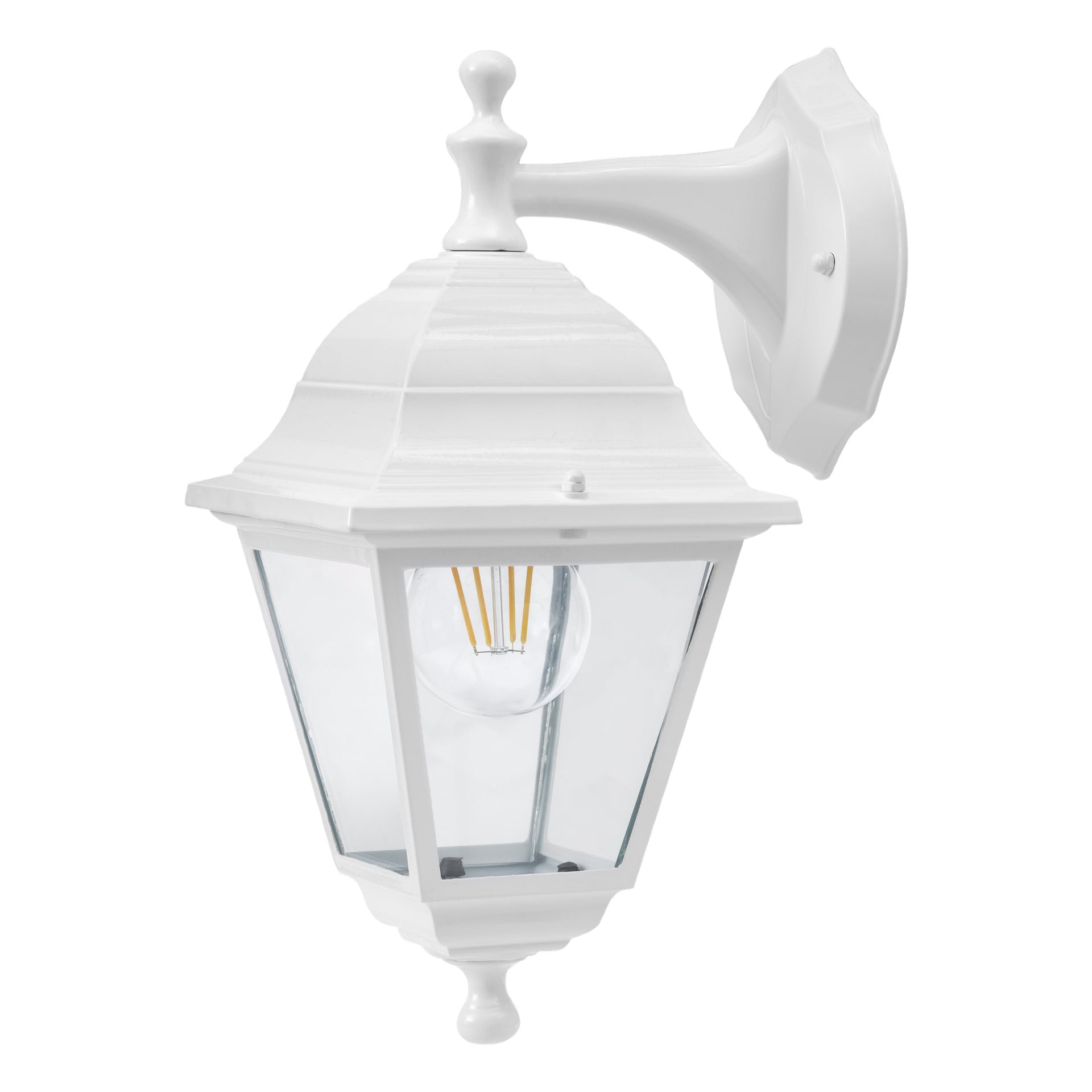 EKVIP vägglampan är en vit utomhuslykta med traditionell stil, med klara glasrutor och en synlig glödlampa. Den har utsmyckade detaljer på toppen och basen, och är fäst vid ett matchande vitt väggfäste.
