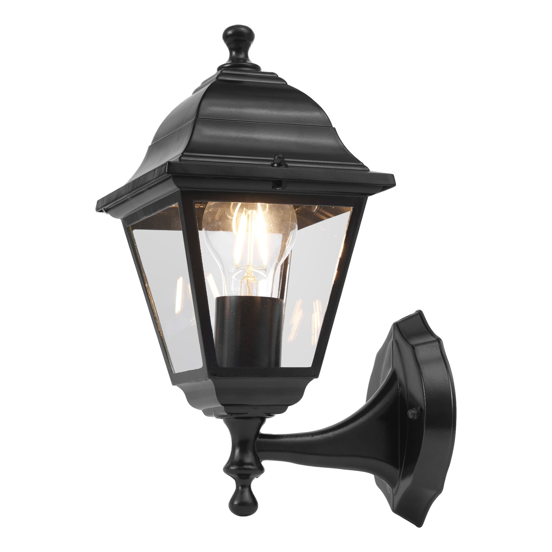 En EKVIP vägglampa med klassisk svart finish, klar glasskärm och synlig lampa, fäst vid ett böjt monteringsfäste.
