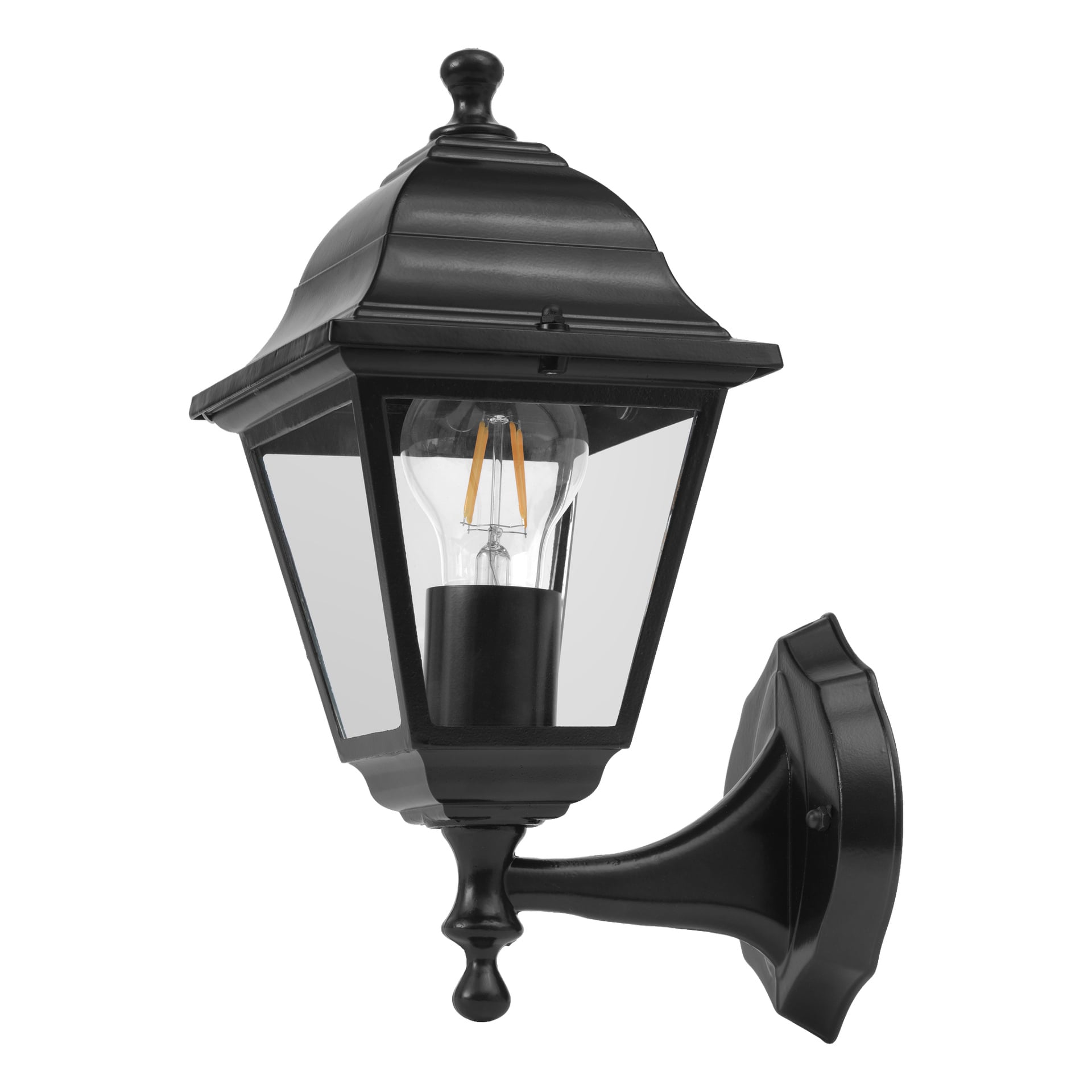 EKVIP-vägglampan är en svart utomhusarmatur med ett klart glasmonter som visar en LED-lampa inuti. Den har en klassisk, dekorativ stil och har en väggarm kopplad till en monteringsplatta.