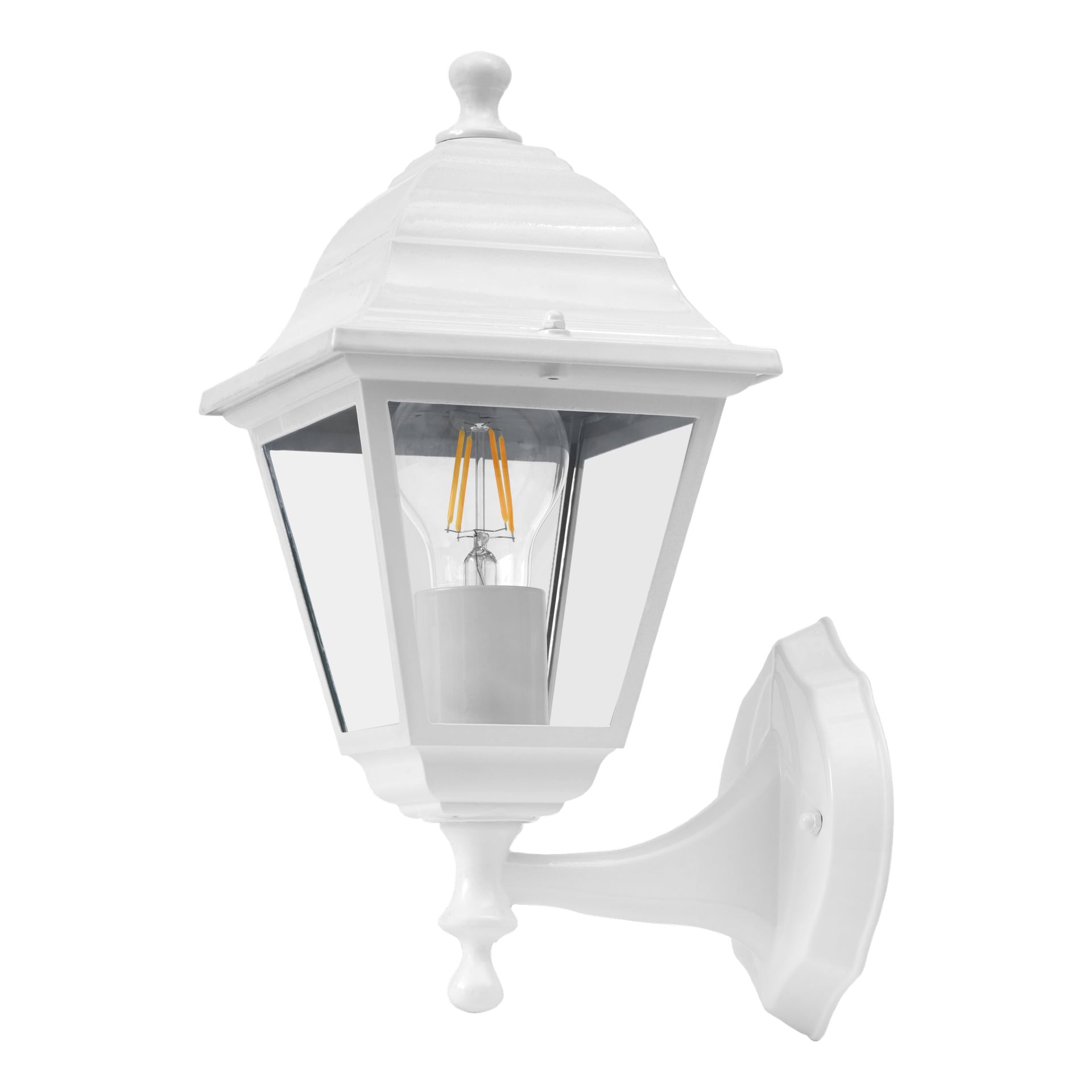 En vit EKVAP-vägglampa med traditionell stil, klart glashölje, exponerad LED-glödtrådslampa samt utsmyckad monteringsarm och bakplatta.