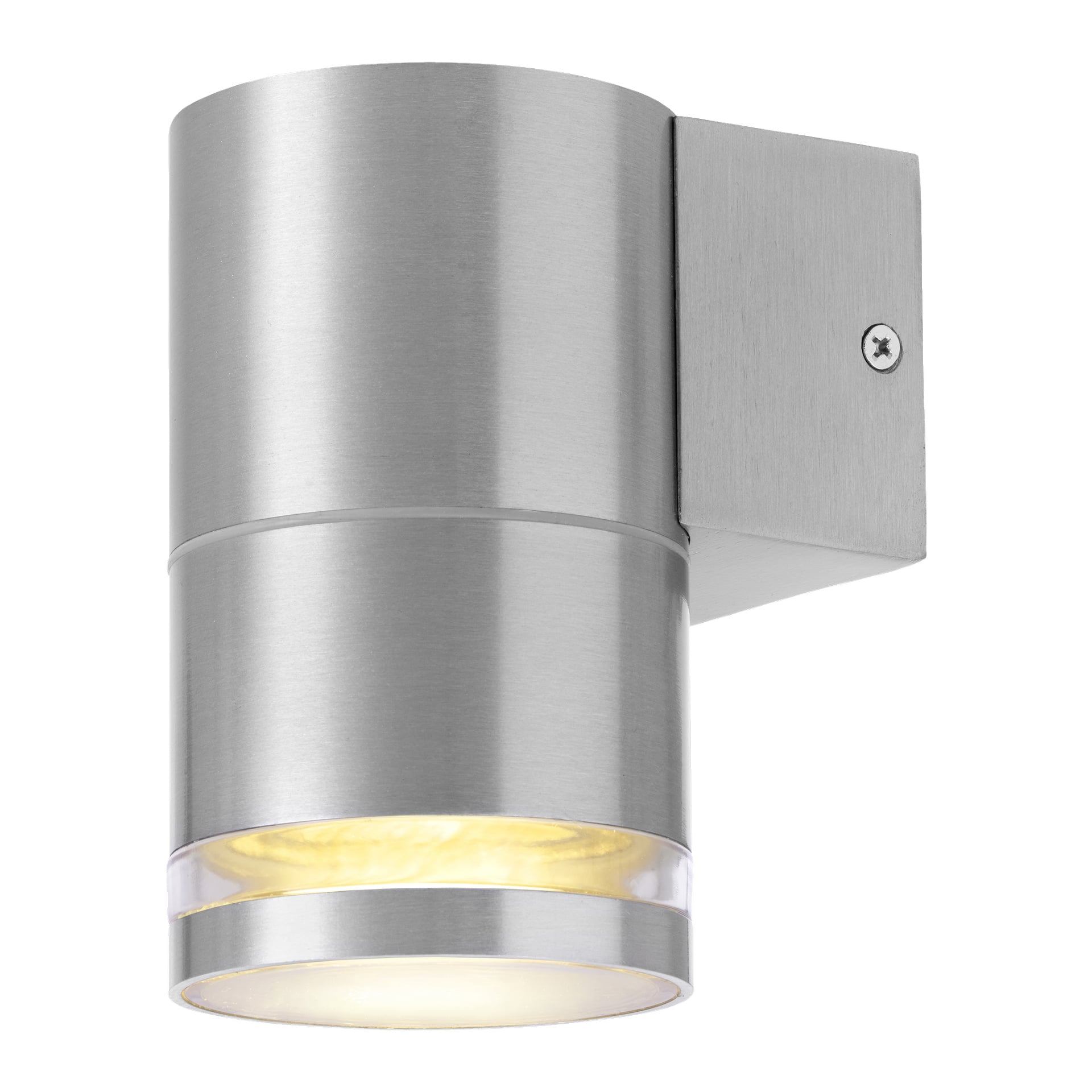 EKVIP Wall spotlight är en slank cylindrisk lampa gjord av borstat metall, designad med en transparent ring nära basen som lyser ner ljuset nedåt. Den fästs på väggen med ett rektangulärt metallfäste, och det finns en synlig skruv som säkerställer att den sitter ordentligt fast.