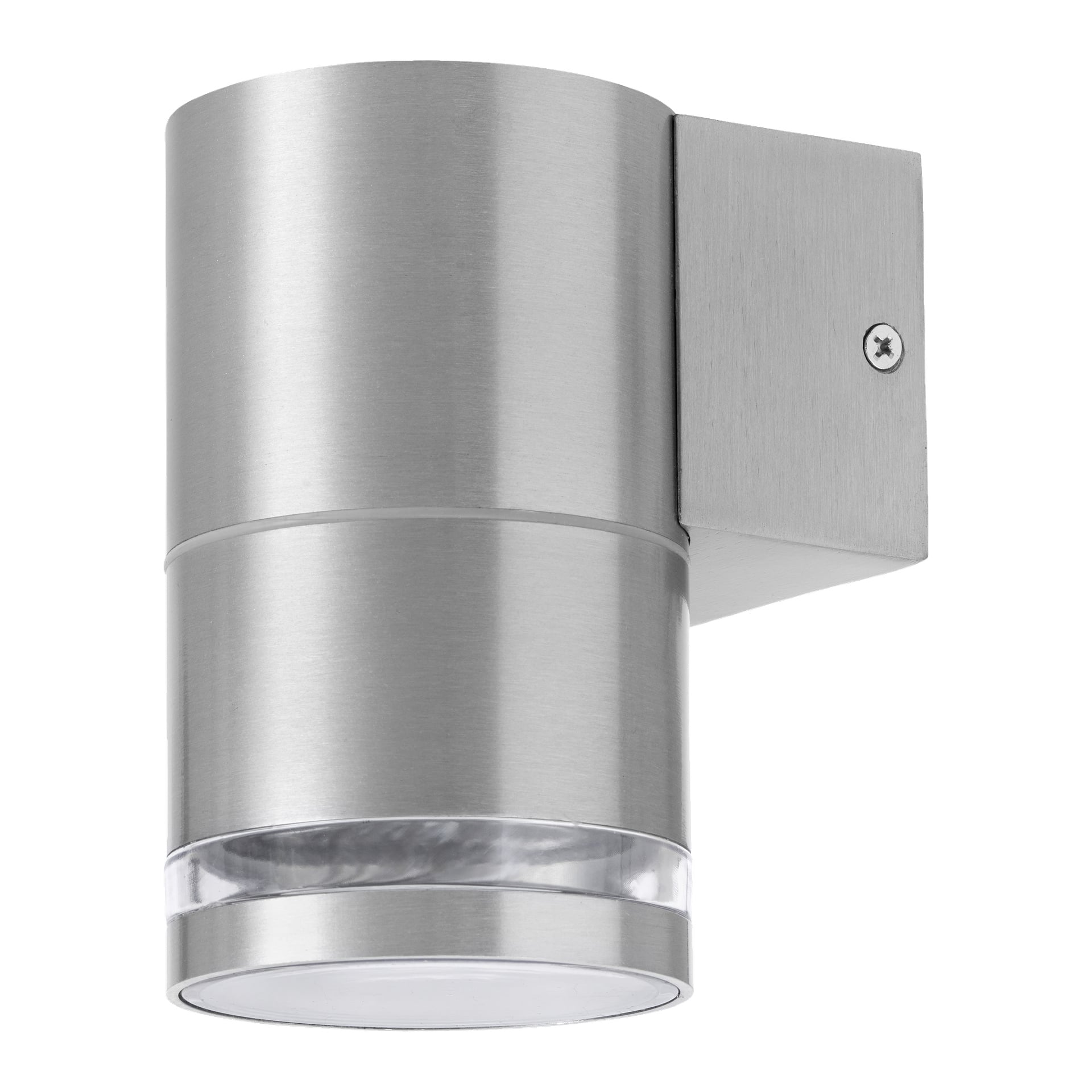 En silverfärgad, cylindrisk utomhusvägglampa med en slank borstad metallfinish och ett transparent segment nära botten. Armaturen är monterad på en rektangulär bas som har en synlig skruv för fäste.