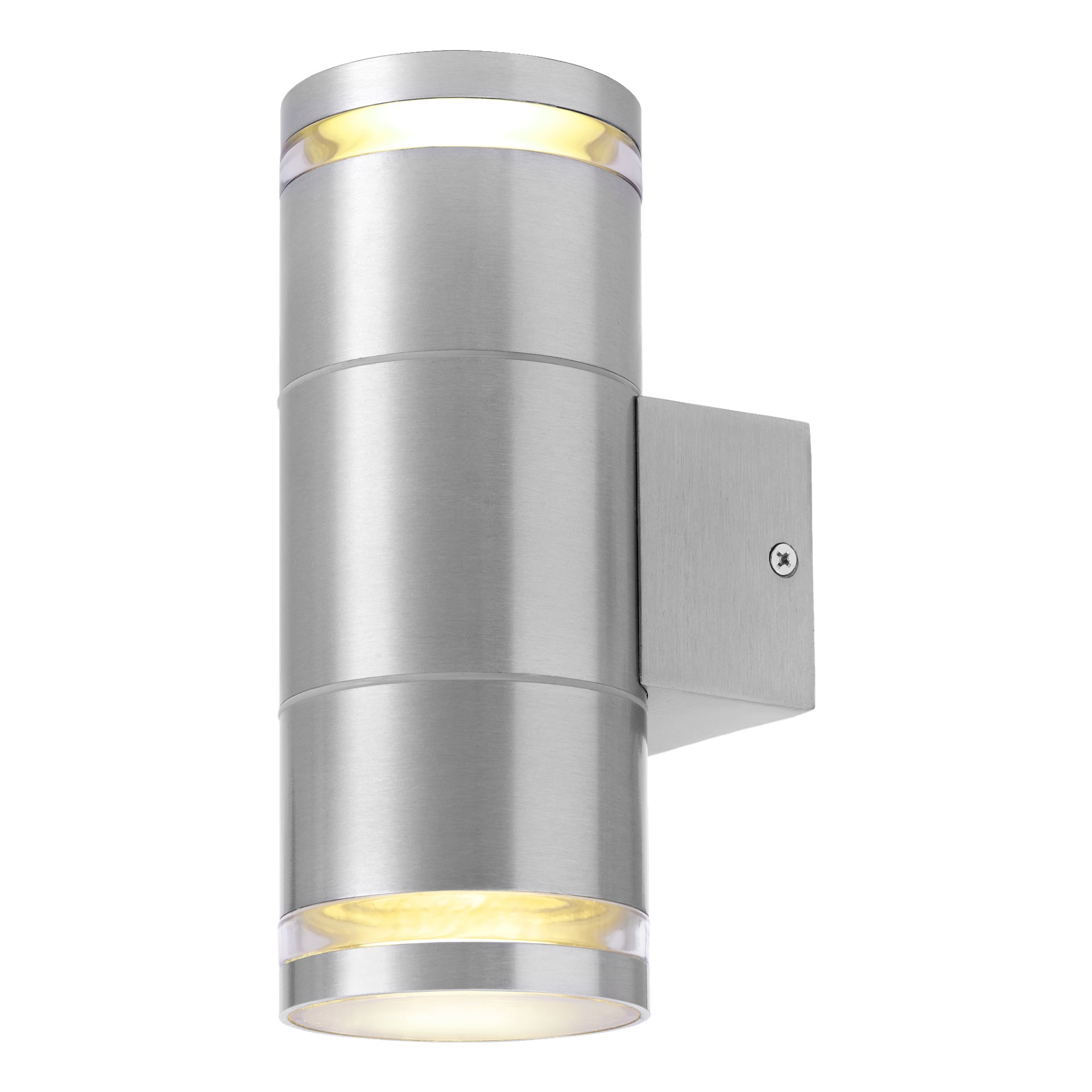 EKVIP Wall Spotlight har en borstad metallcylinderform fäst vid en rektangulär fäste som projicerar ljus både uppifrån och nerifrån.
