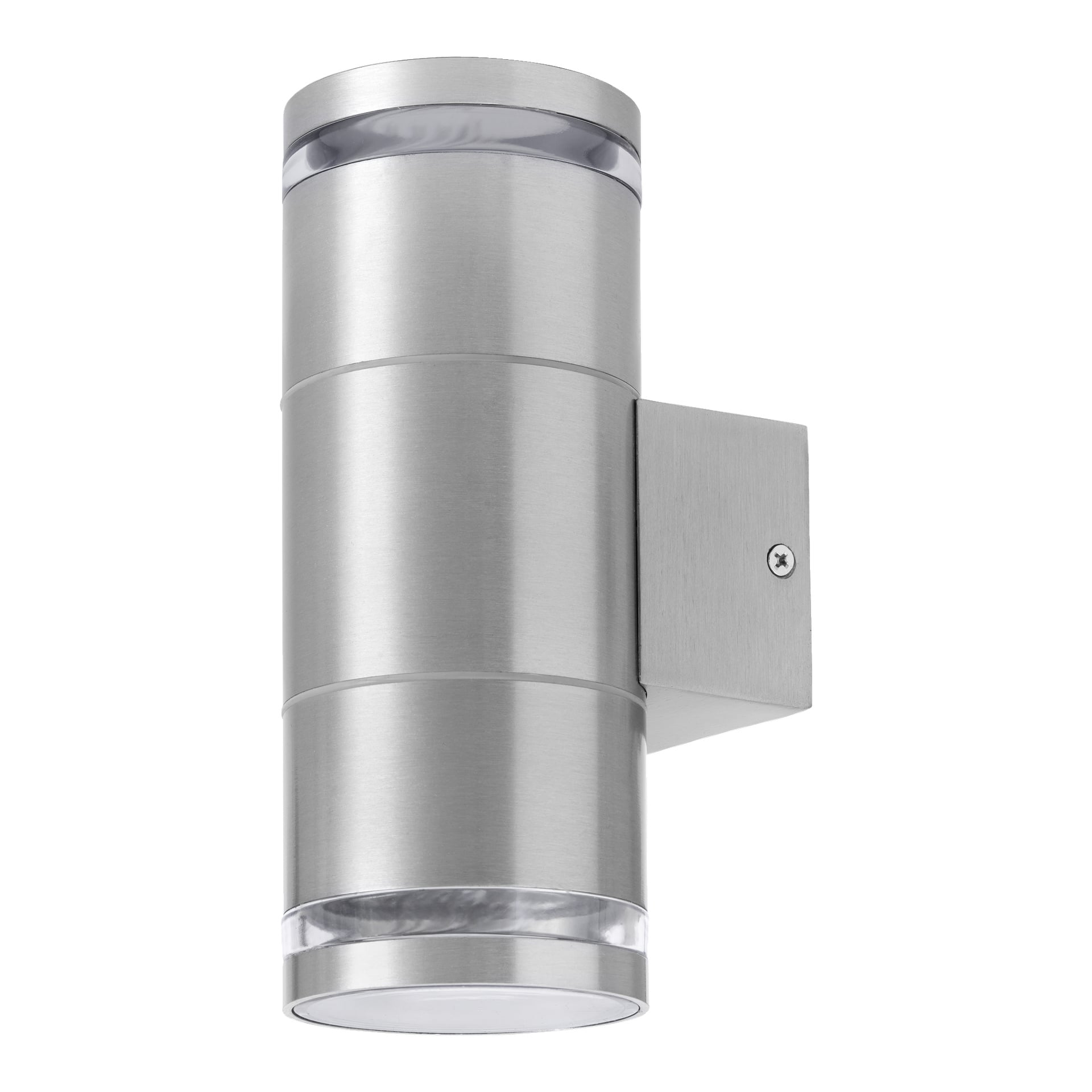 EKVIP Wall Spotlight är en slank, borstad cylinder i rostfritt stål monterad på ett rektangulärt fäste med synlig skruv, designad för att kasta ljus från båda ändar.