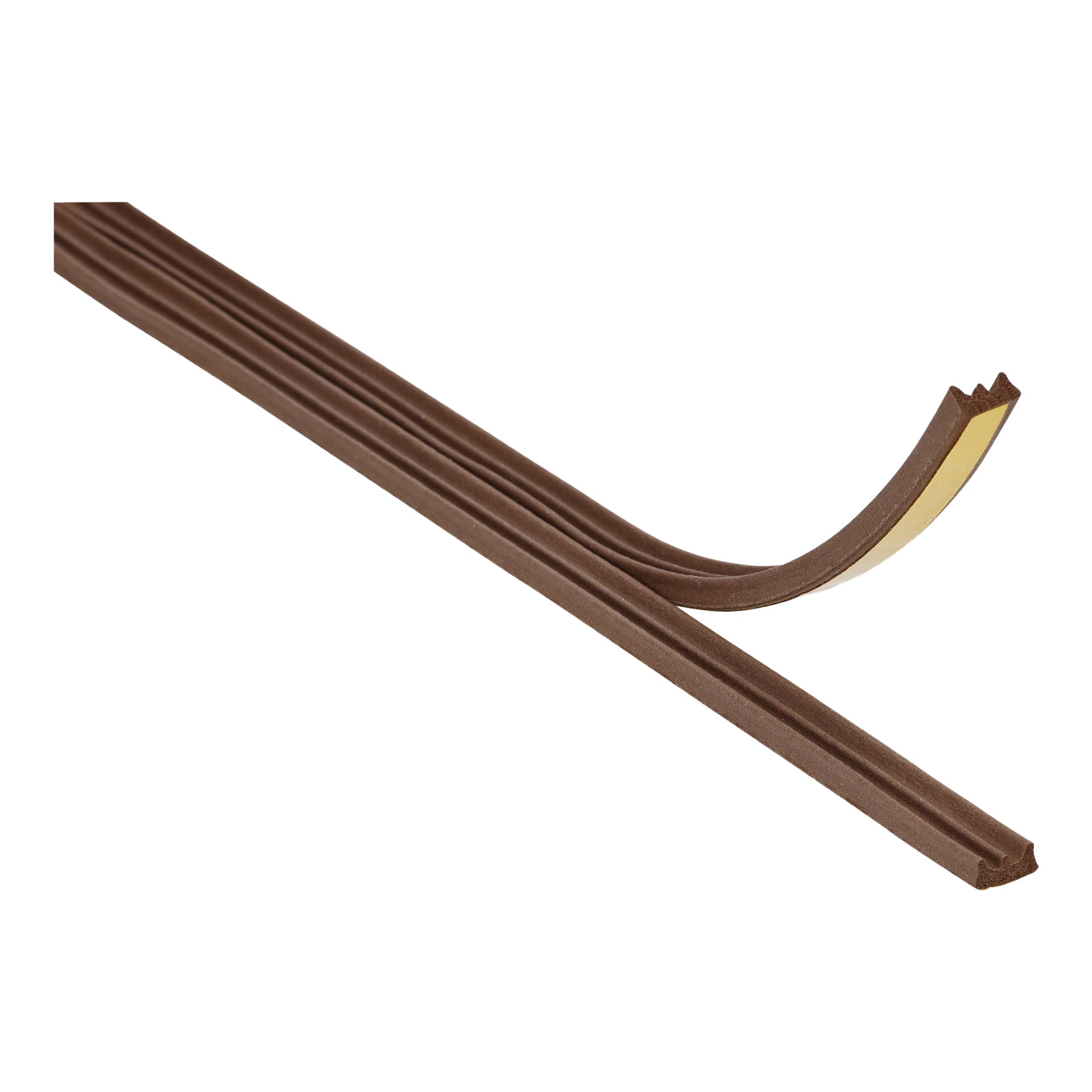 Ein Paar Hard Head Sealing Strips E braune Schaumstoff-Dichtungsstreifen werden gezeigt, wobei ein Streifen teilweise ausgerollt wurde, um die klebrige Seite zu zeigen.