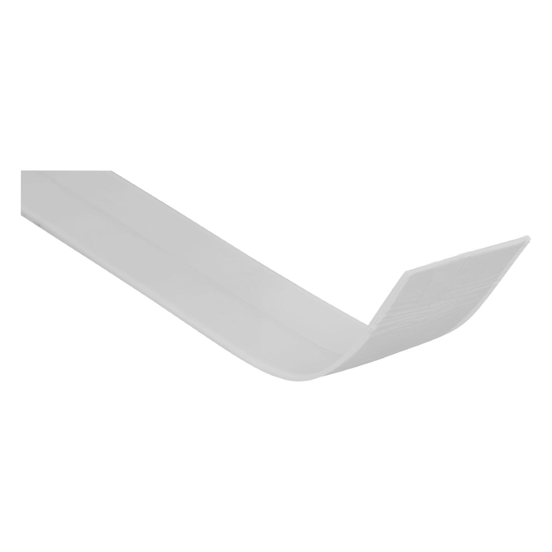 Zbliżenie na Hard Head Sealing Strip do łazienek, z białym, prostokątnym plastikowym paskiem z zakrzywioną i odwróconą końcówką.