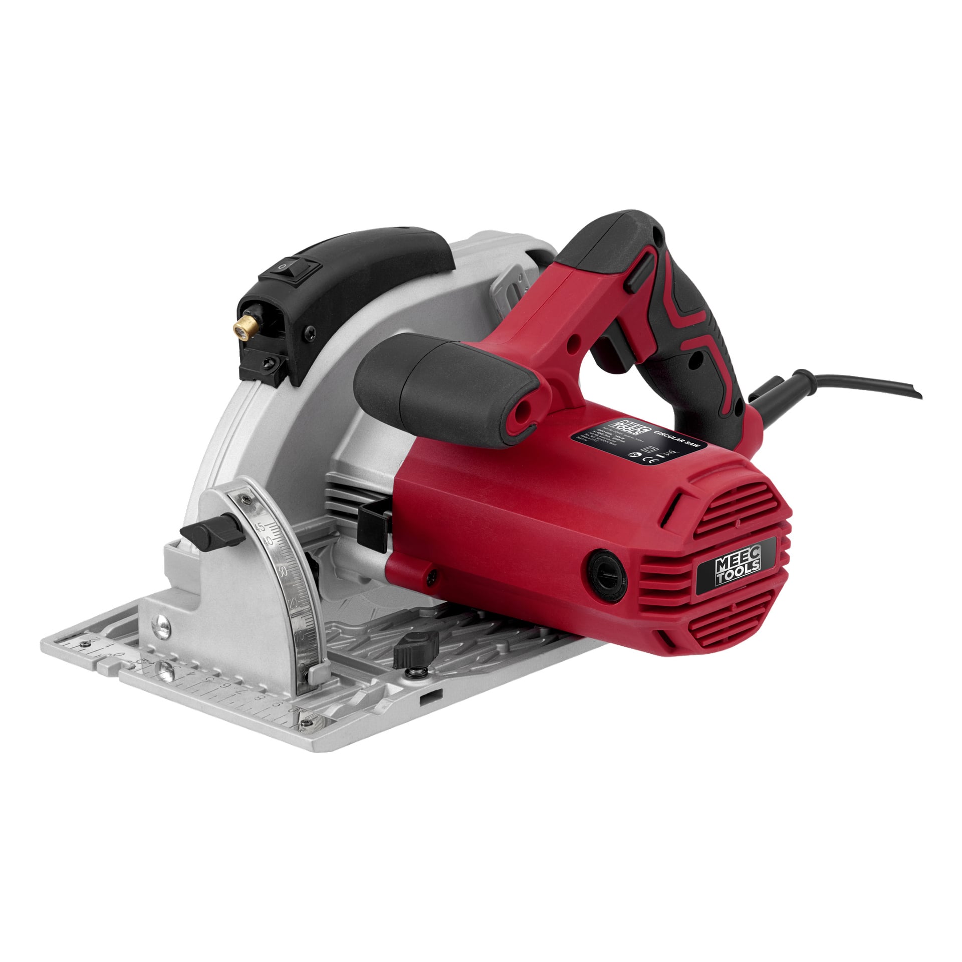 Meec Tools cirkelsåg är ett elektriskt verktyg med sladd och en röd och svart kropp, silverfärgad bottenplatta och ett skyddande bladskydd.