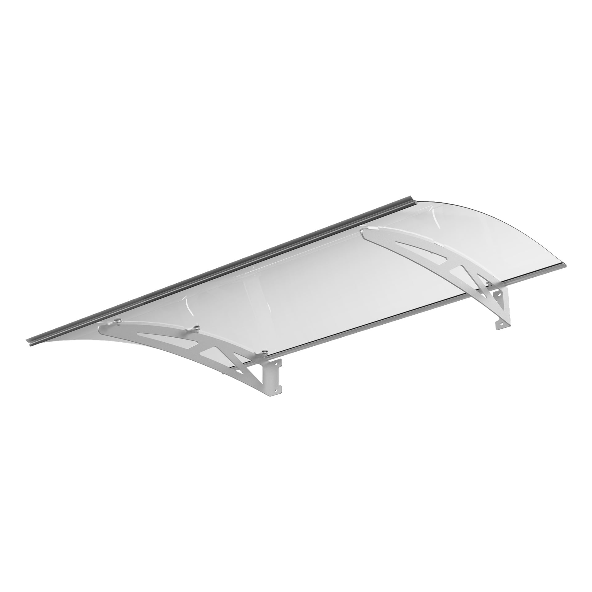 En hård dörrtak med en transparent, böjd akrylpanel stöds av två silverfärgade metallkonsoler, utformade för att skydda dörrar eller fönster från väder och vind.