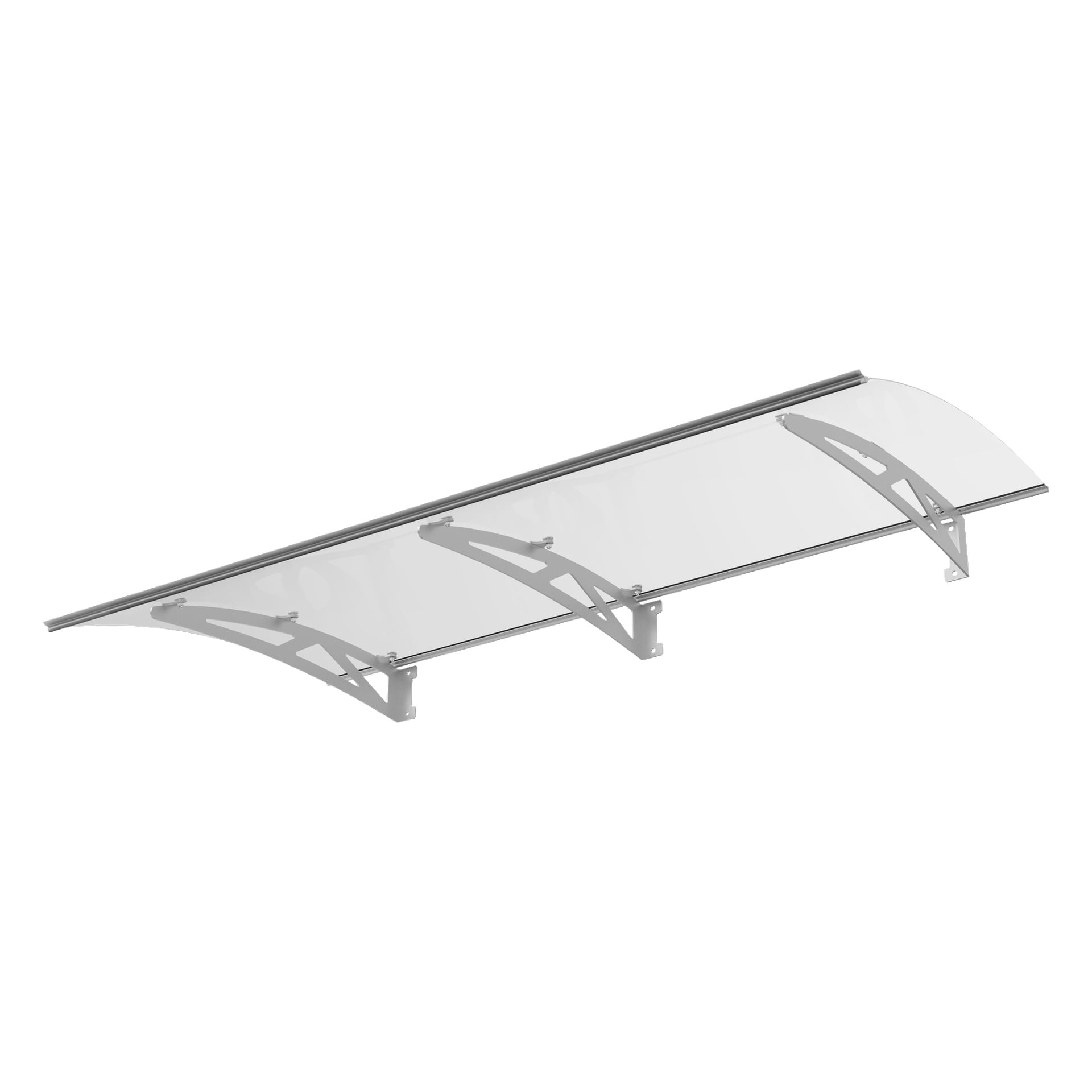 Hard Head Door Canopy visar upp en transparent, välvd akrylpanel som stöds av tre grå metallkonsoler, designade för installation ovanför dörrar eller fönster för att skydda mot väder och vind.