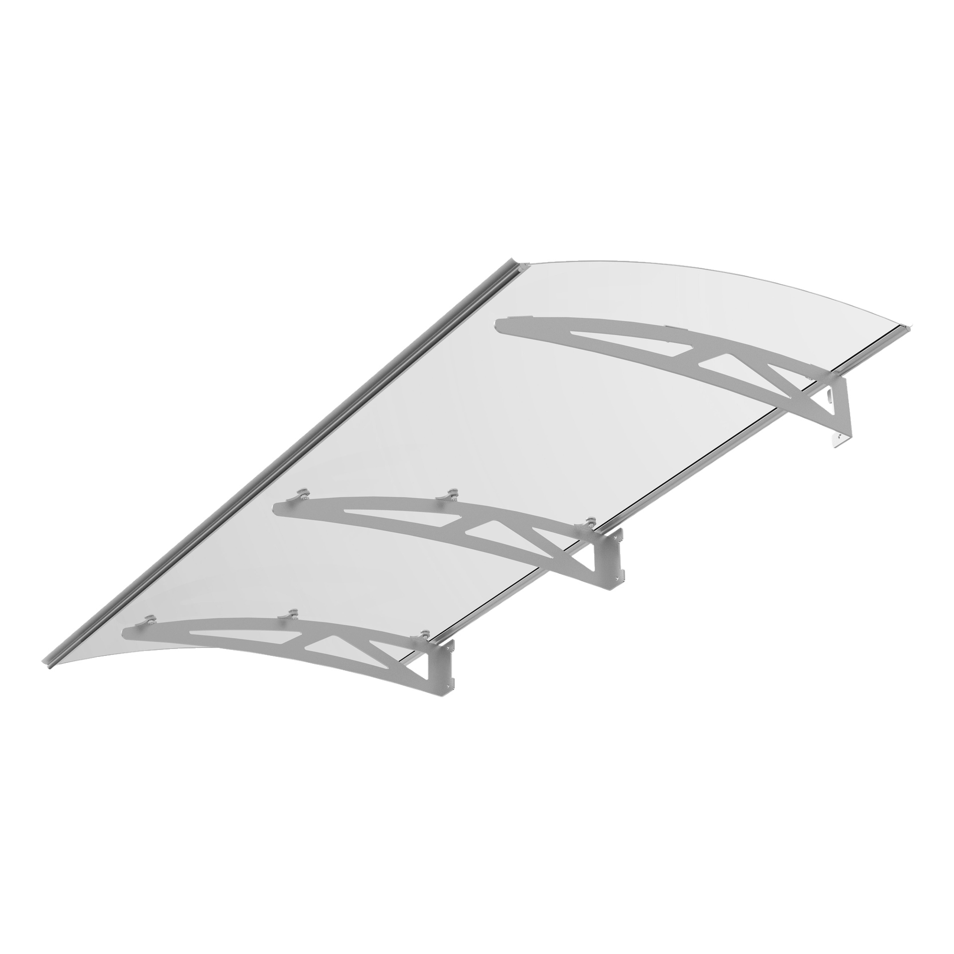 Ett Hard Head dörrtak med en böjd, transparent yta och två grå stödkonsoler är avbildat underifrån i en vinkel. Taket ser ut att vara gjort av klar akryl eller polykarbonat.