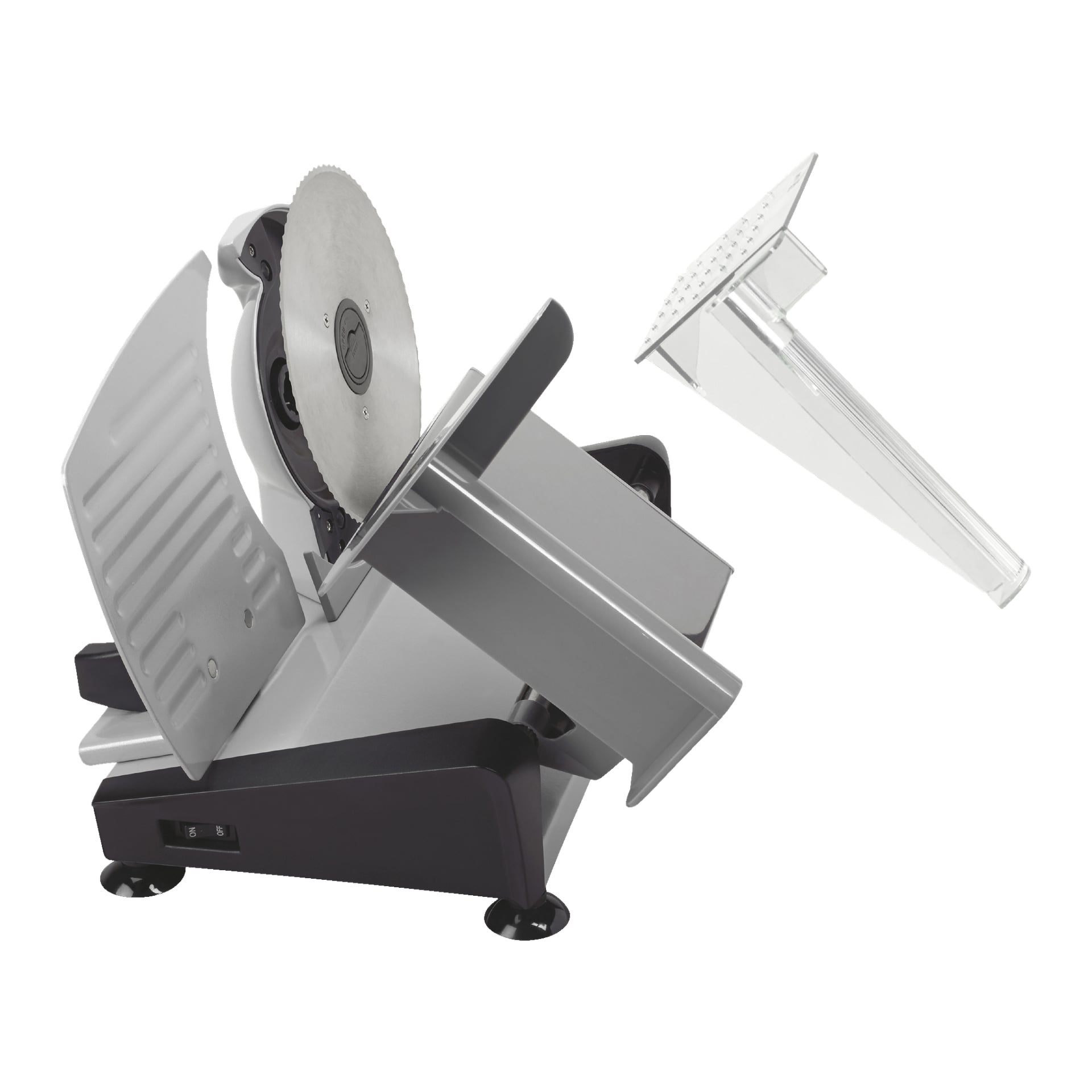 Bright Slicer är en elektrisk matskärare utrustad med ett cirkulärt blad, en lutande plattform och ett transparent tillbehör till matskjutare placerat till höger.