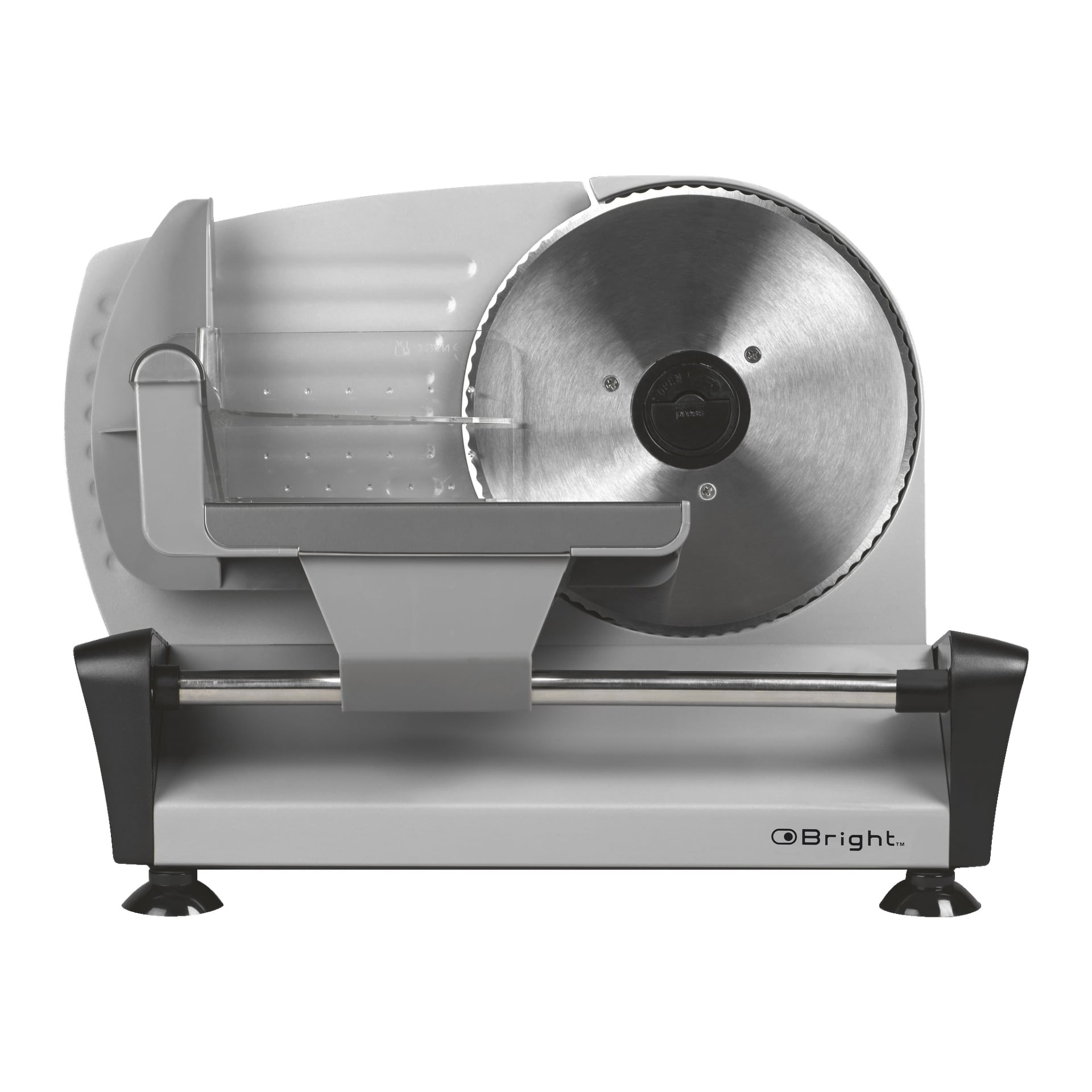 En silver- och svart Bright Slicer med ett framträdande cirkulärt blad, en skjutbricka utrustad med ett handtag för att säkra och flytta mat, och Bright-loggan synlig på framsidan.