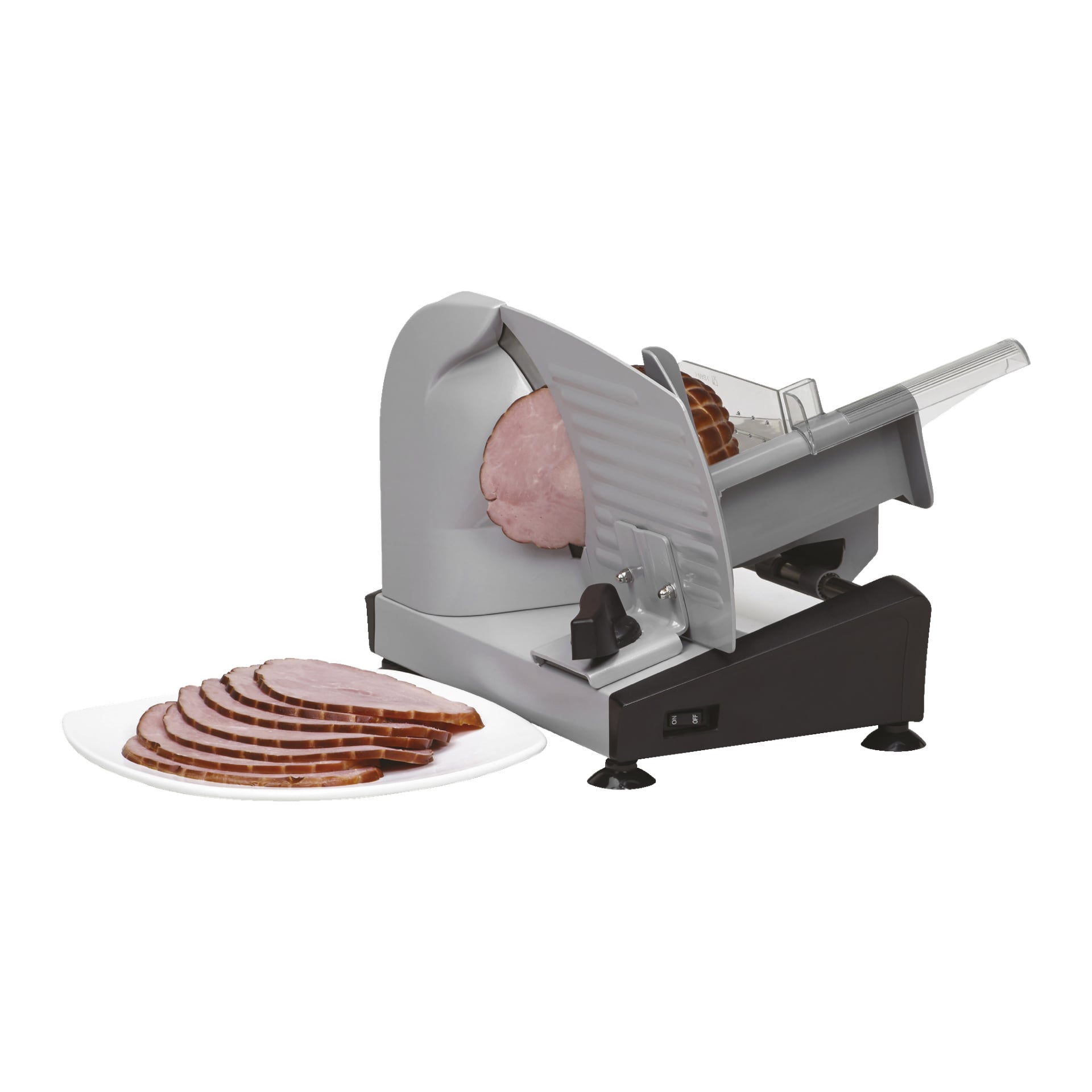 En Bright Slicer skär en stor bit skinka, med flera prydligt skurna bitar placerade på en vit tallrik bredvid maskinen.