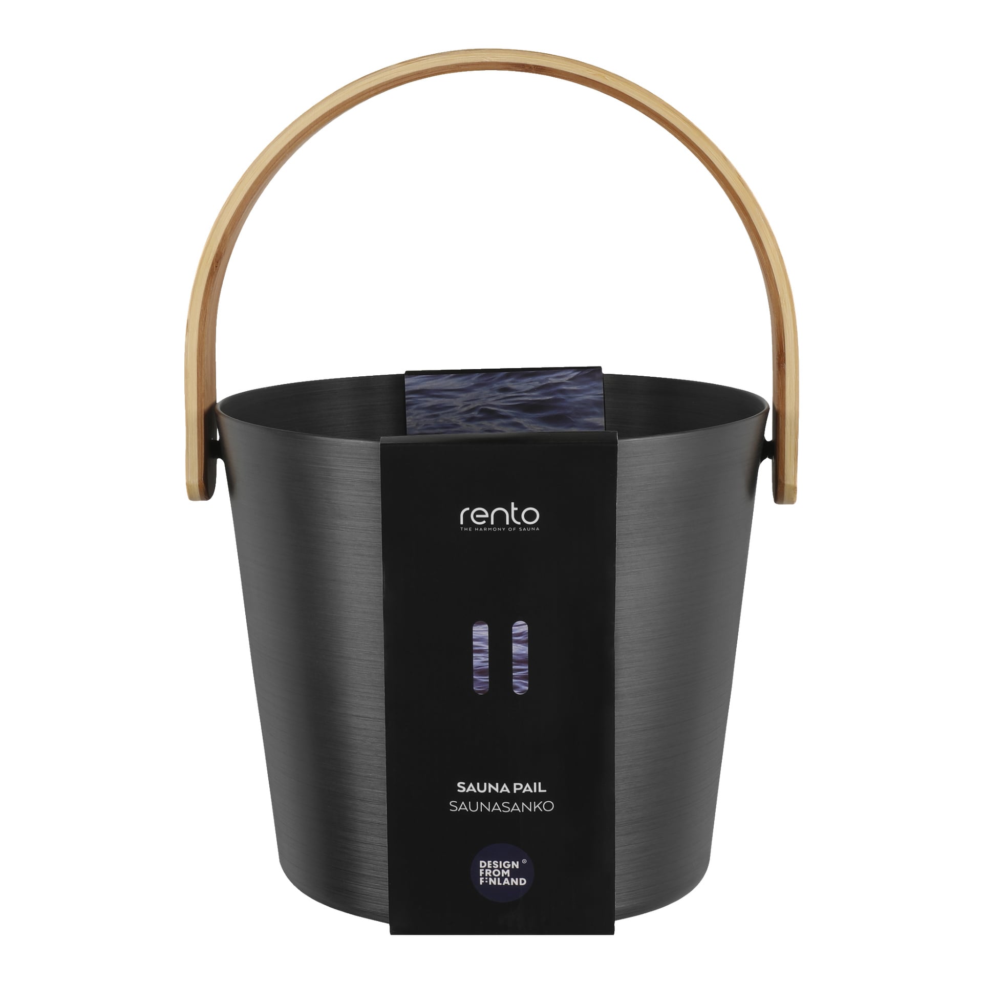 Musta Rento-saunaämpäri, jossa on vaalea puinen kahva ja musta etulappu, jossa lukee "rento Sauna Pail, Saunasanko, Design from Finland."