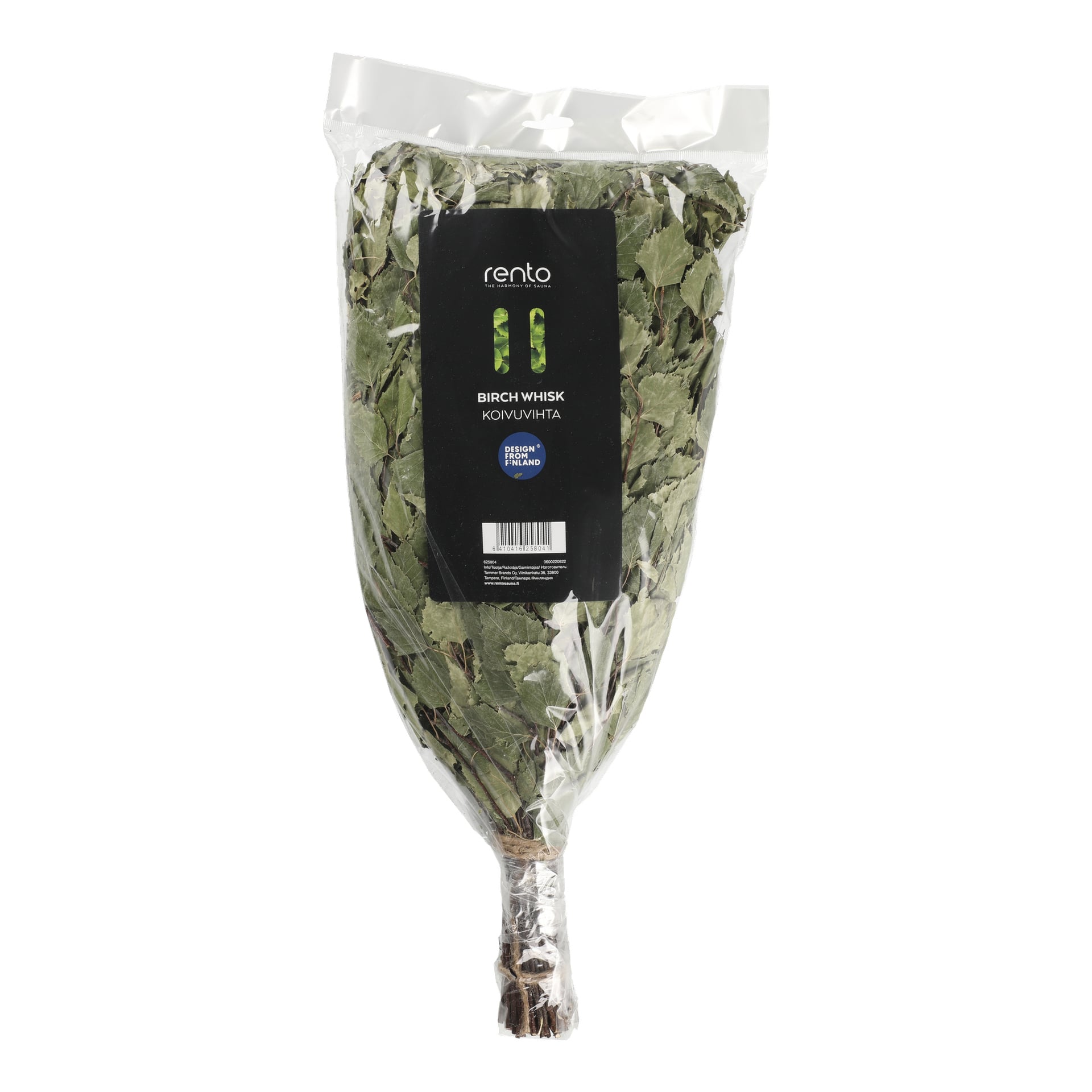 Läpinäkyvässä muovipussissa on koivusta valmistettu Rento-saunavispilä, jossa on musta etiketti, jossa lukee "Rento Birch Whisk Koivuvihta, Made in Finland." Pakkauksen pohjassa näkyvät selvästi niputetut vihreät koivunlehdet.