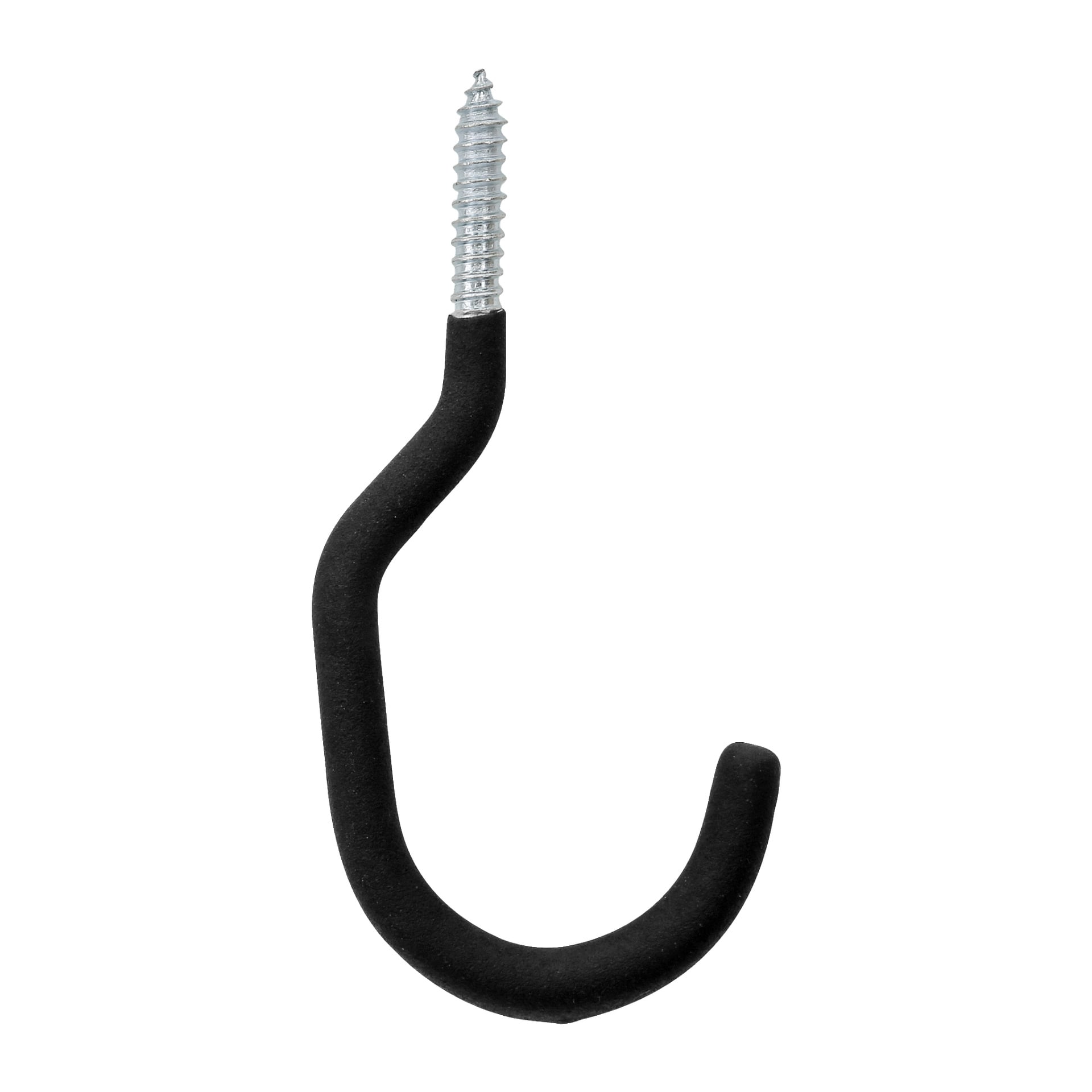 En metallskruvad verktygskrok med en böjd sektion täckt med svart gummi och en silvergängad spets för montering i trä eller väggar.