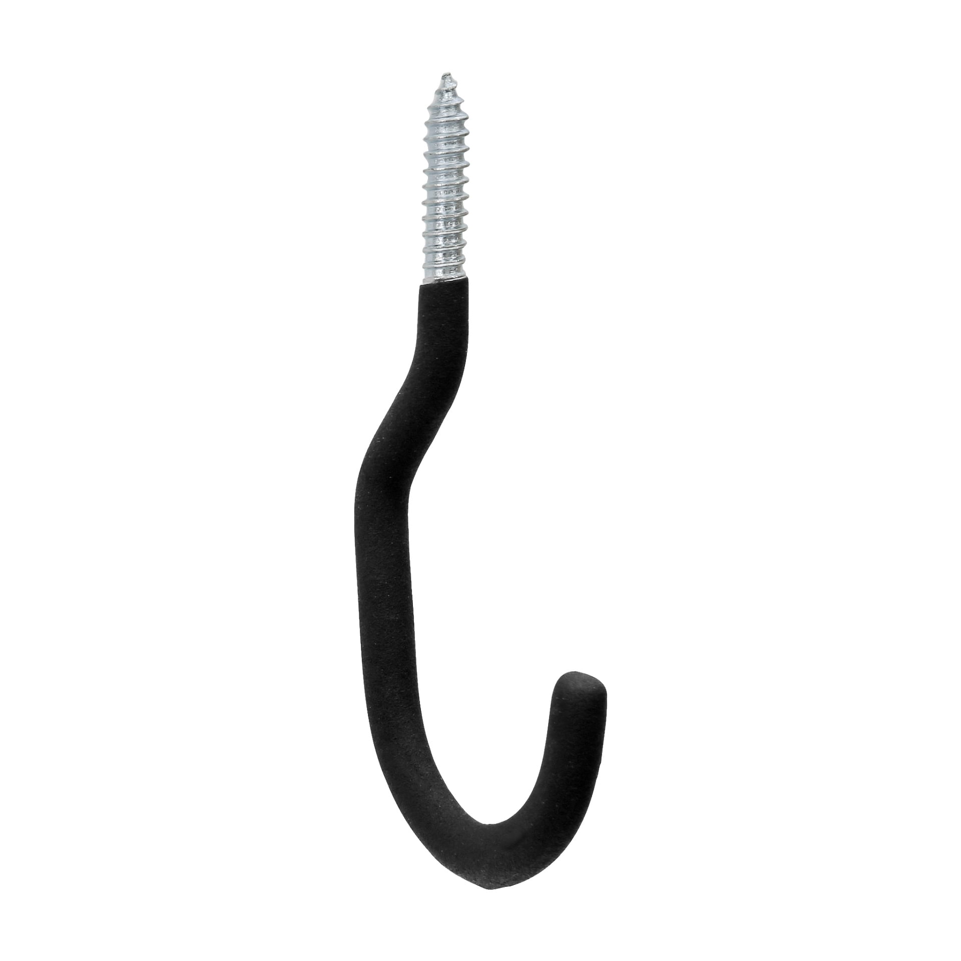 Hard Head Bike Hook är en metallkrok med svart gummi och har en skruvbar design för väggmontering. Den silvergängade spetsen gör att den kan installeras i trä eller gipsskivor, och den är lämplig för att hänga upp cyklar, verktyg eller snören.