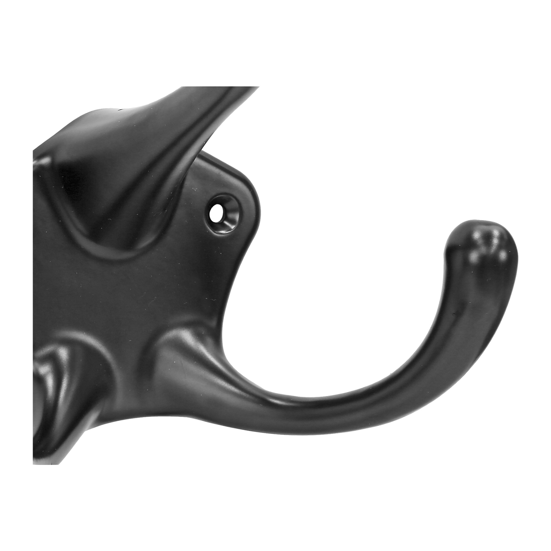 Närbild på Hard Head Coat Hook gjord av svart metall, som visar dess böjda krokar och monteringshålet på plåten.