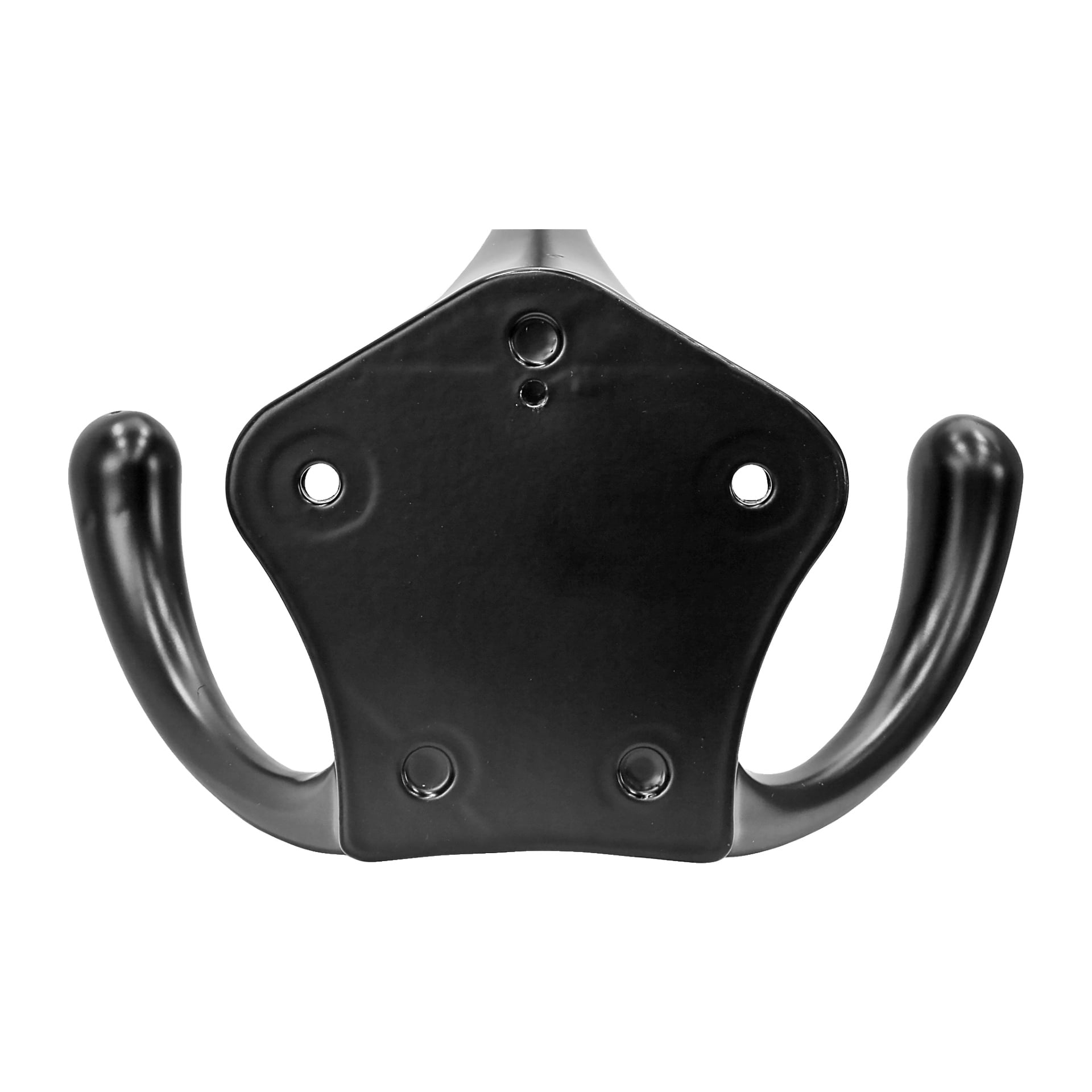 En närbild av Hard Head Coat Hook visar dess svartmetallkonstruktion med två böjda klor och fyra monteringsskruvhål.