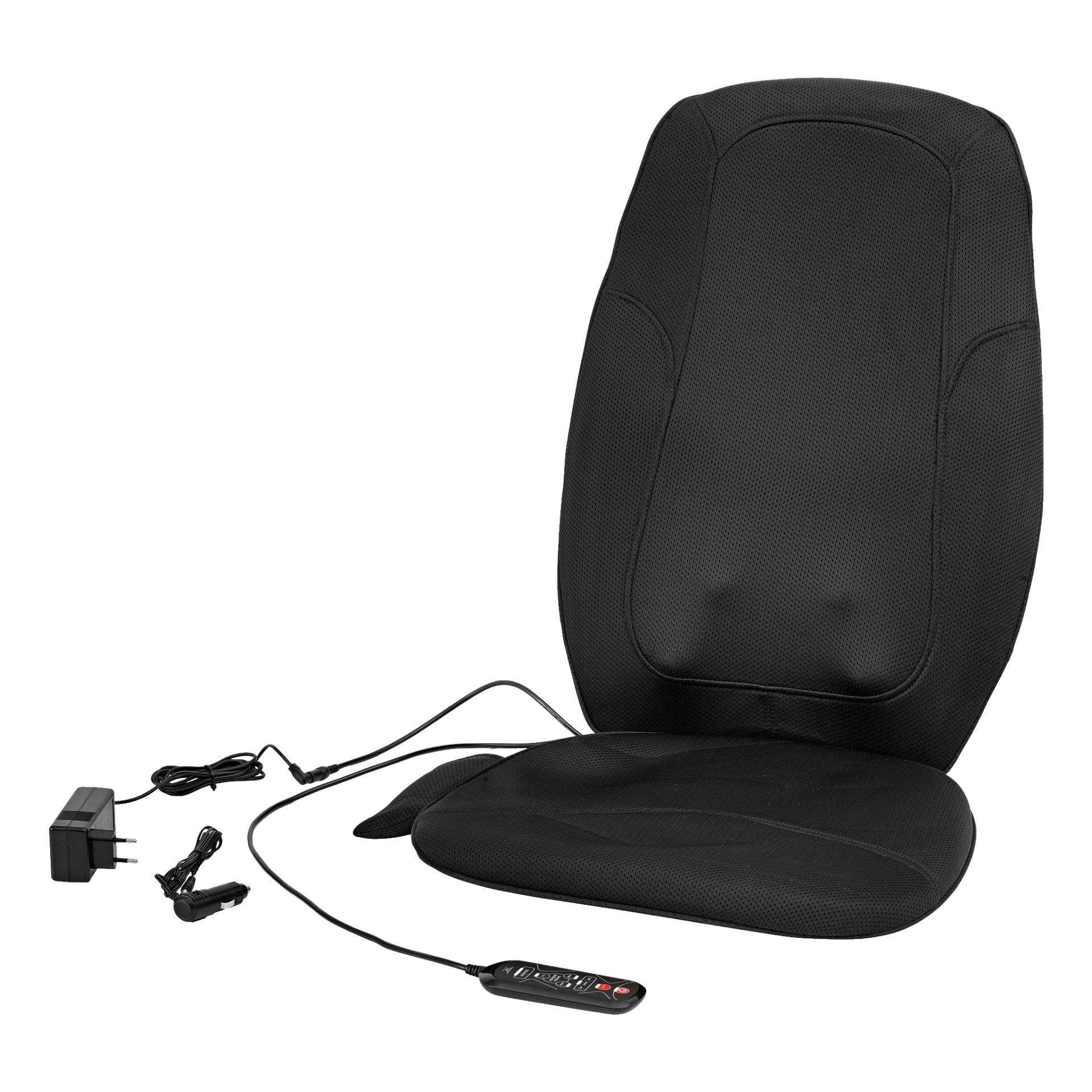En svart Bright Massage Cushion med värme visas tillsammans med en ansluten fjärrkontroll, en strömadapter och en billaddare.