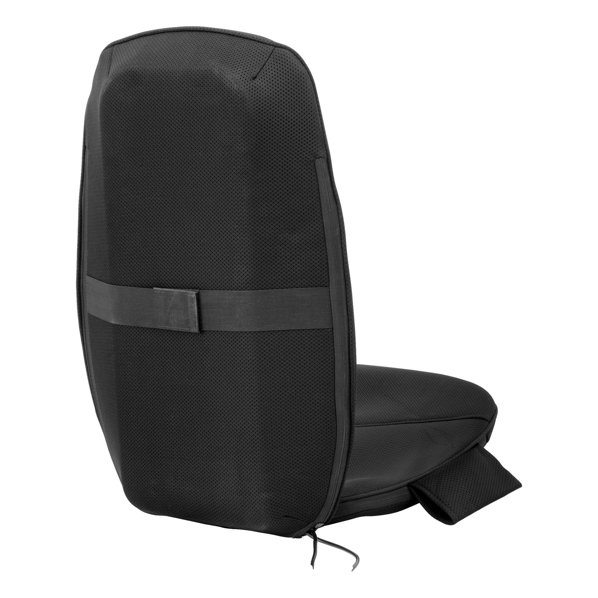 En svart uppvärmd massagedyna från Bright visas bakifrån och vinklat, med sitt texturerade material, en horisontell rem fäst på ryggen och en öppen dragkedja nära basen.