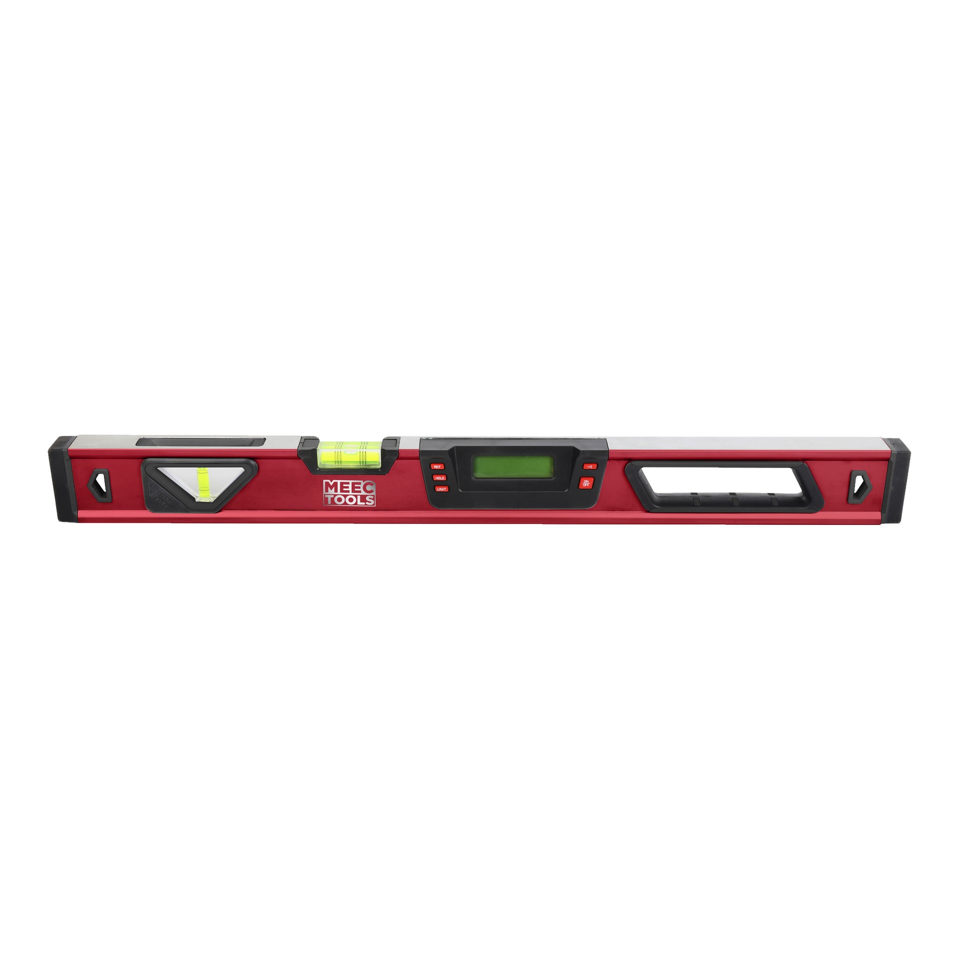 En digital vattenpassare från Meec Tools med röd och svart färgskala, utrustad med LCD-skärm, två bubbelflaskor och ett handtag placerat till höger.