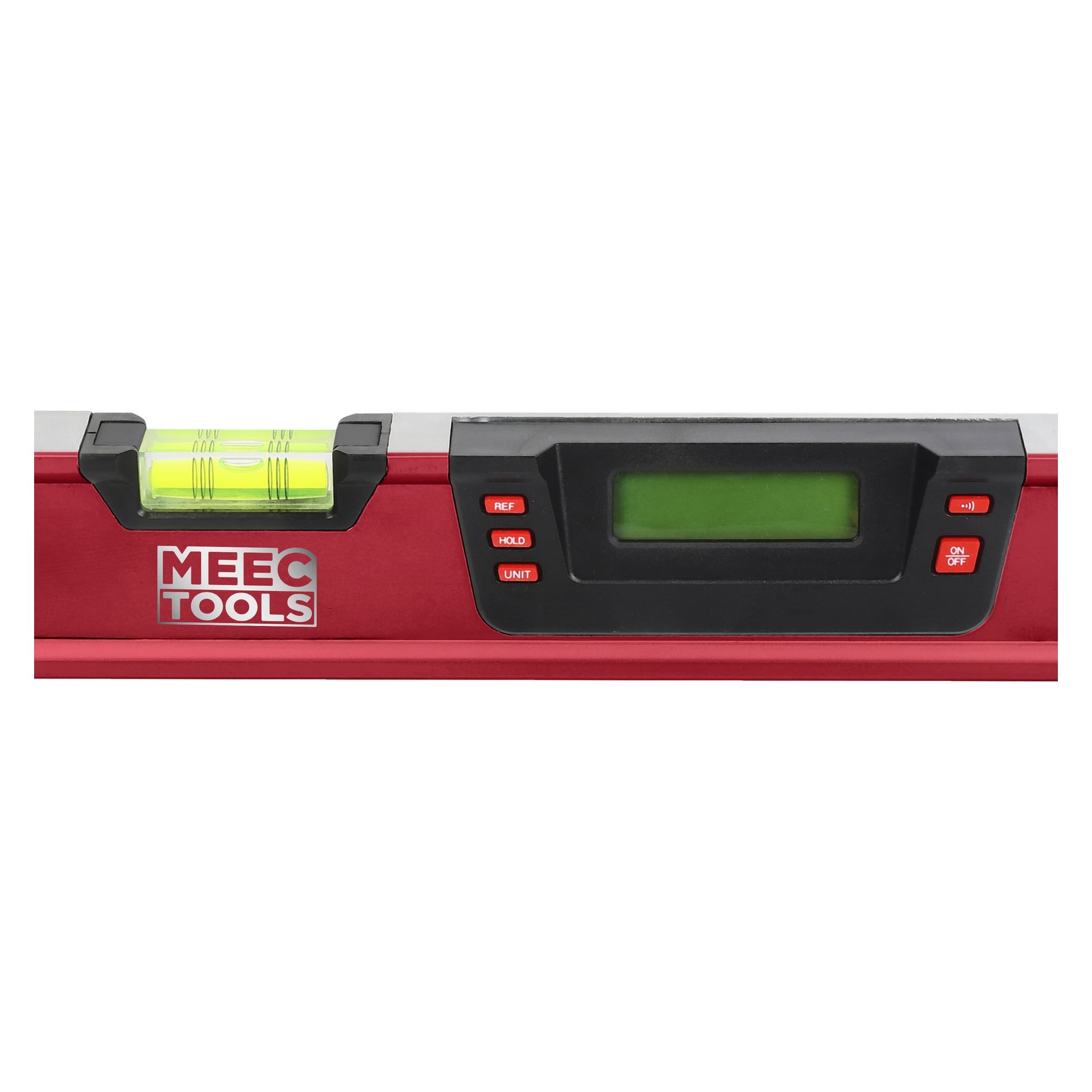 Närbild av en röd Meec Tools digital vattenpass, med en grön bubbelflaska till vänster, en LCD-skärm i mitten och flera röda knappar med etiketter. Meec Tools-logotypen finns på vänster sida.