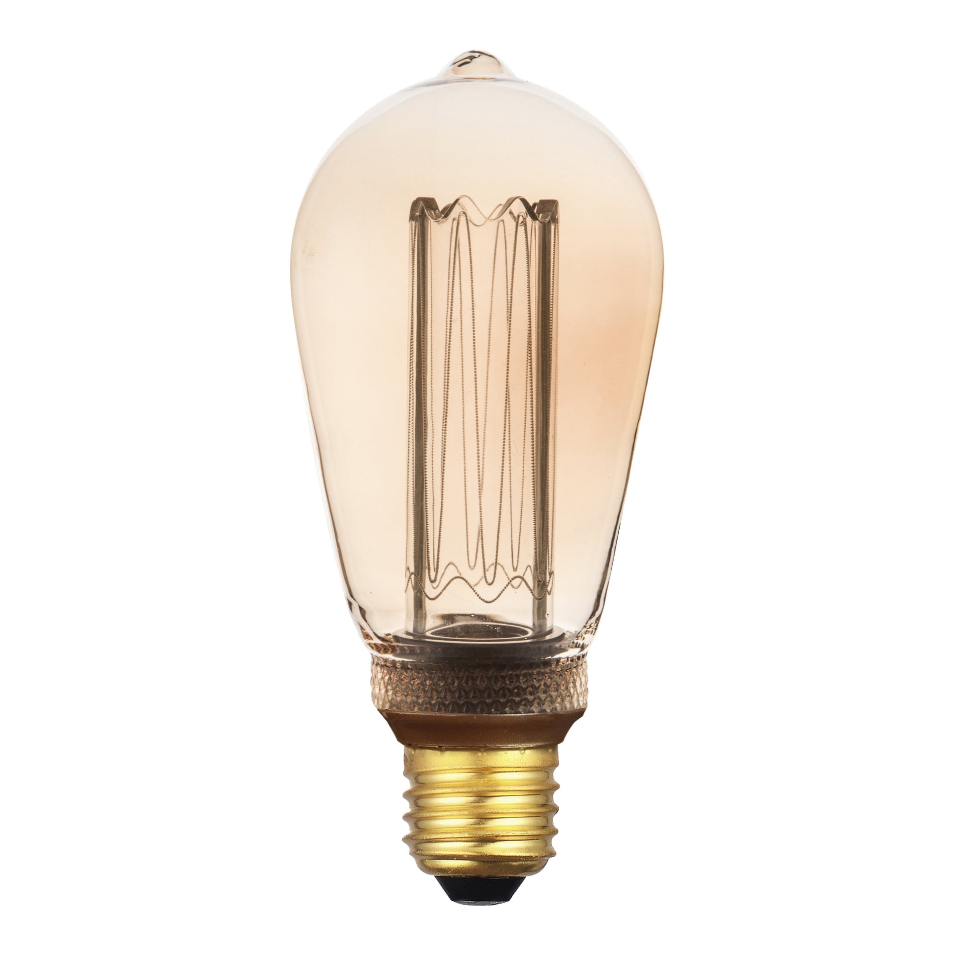 En upprätt Anslut Edison LED-lampa med synlig glödtråd och en mässingsskruvsockel visas.