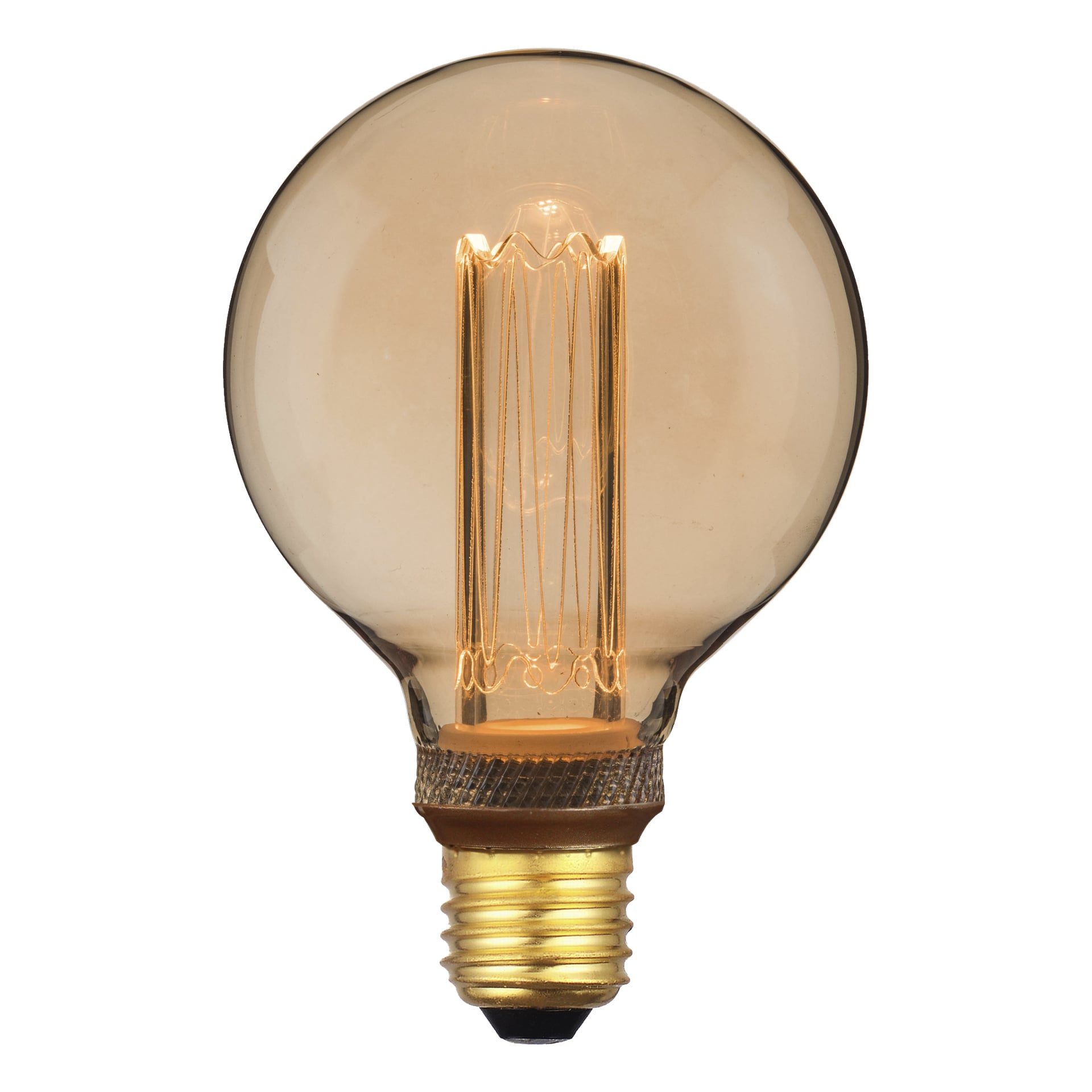 En rund, transparent Globe-lampa LED från Anslut med en glödande synlig glödtråd och en mässingsskruvsockel.