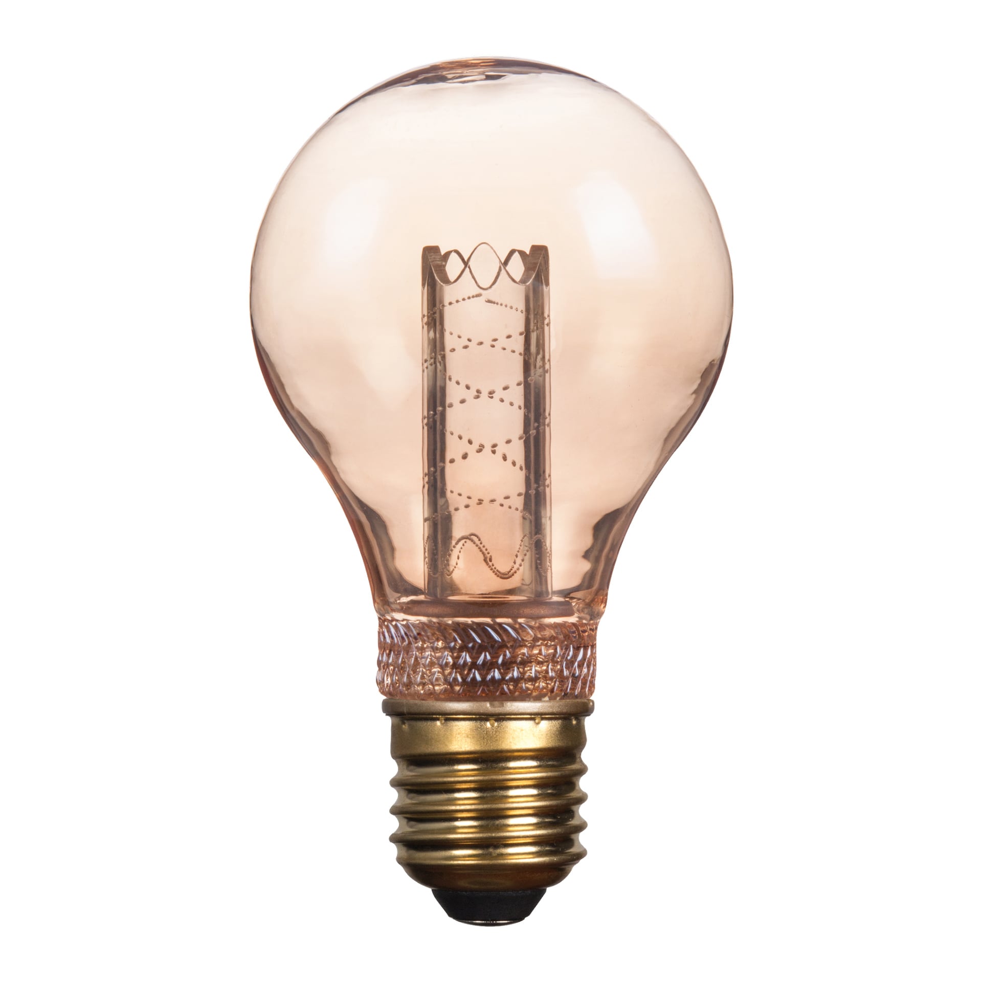 En Anslut Standard LED-lampa står upprätt och visar en transparent design med synlig glödtråd och en mässingsskruvbas.