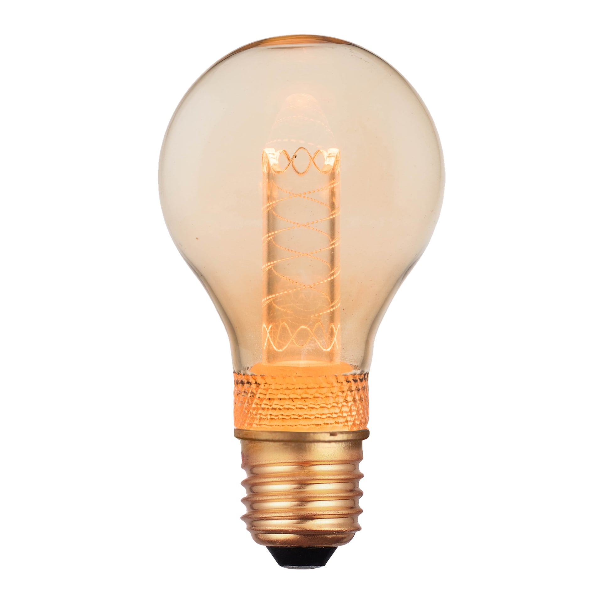 En tänd Anslut Standard LED-lampa med transparent glas och en varm bärnstensfärgad ton, som visade dess spiralglödtråd. Den har en metallisk skruvbas och avger ett mjukt, välkomnande sken.