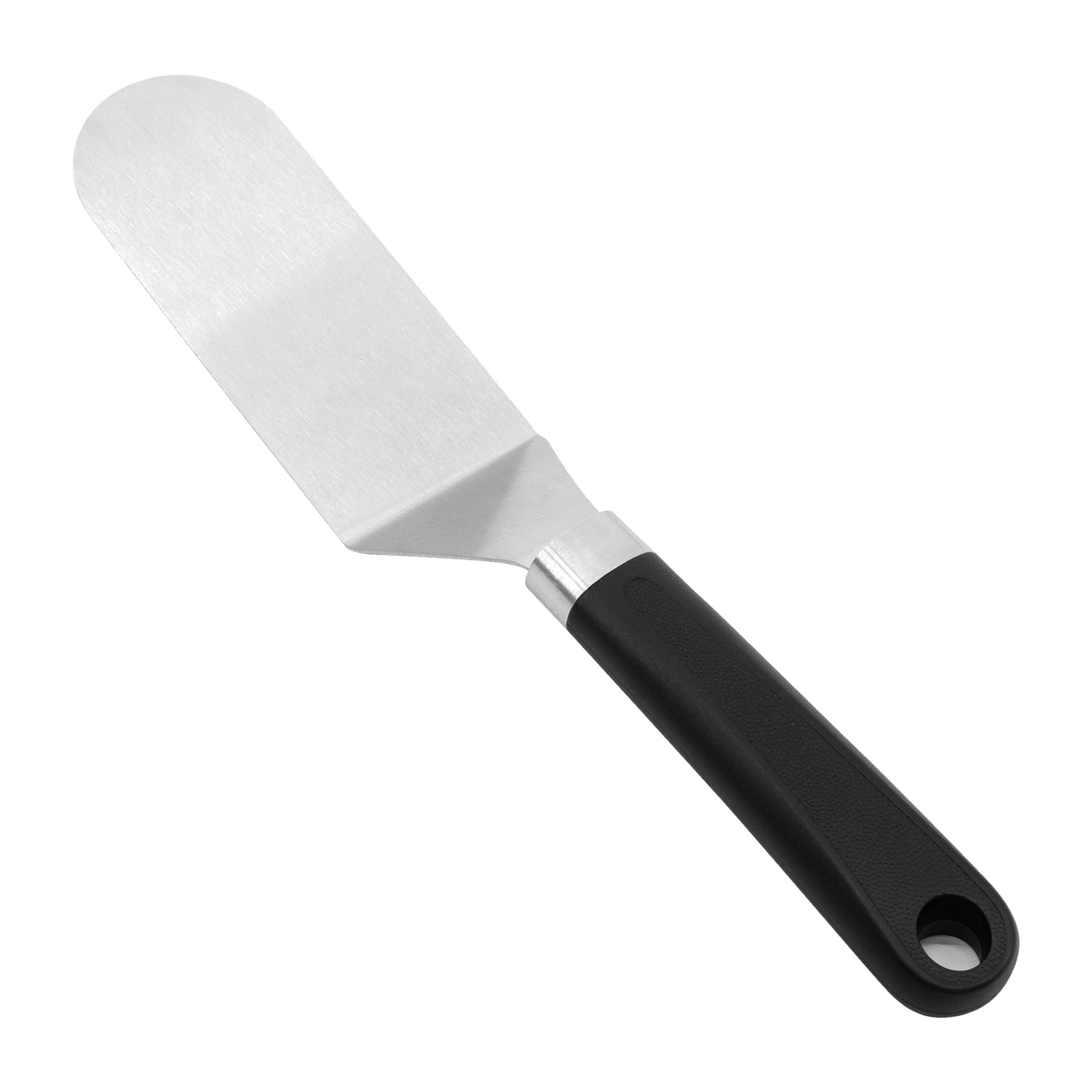 En Menuett-spatel med ett platt, rundat metallblad och ett svart plasthandtag med ett hängande hål vid spetsen visas placerad diagonalt.