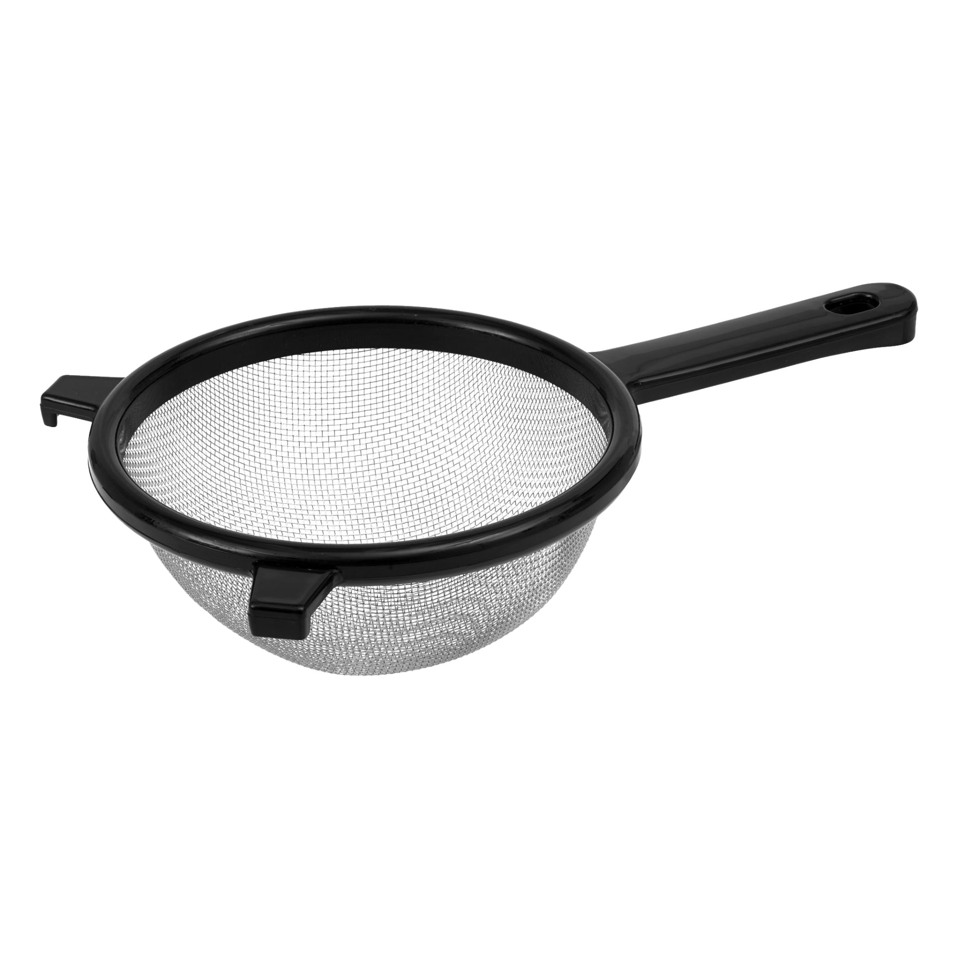 En metallsil med svart plasthandtag och två sidostöd, designad för att sikta eller sila olika livsmedel.