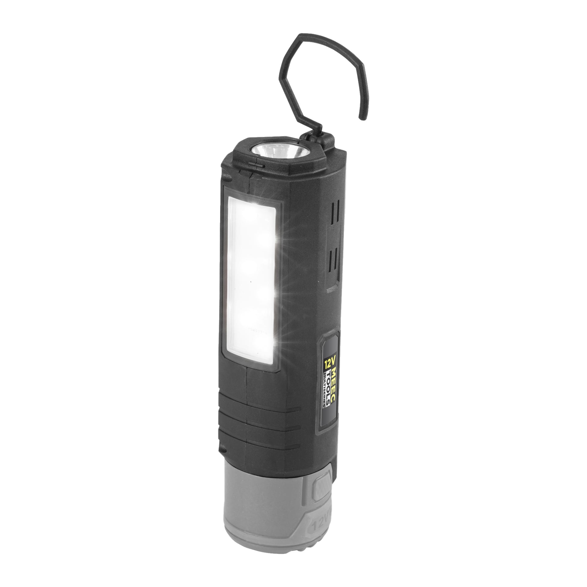 En svart och grå portabel LED-arbetslampa med ett övre handtag och en sidoetikett med texten "Meec Tools Multiseries 12 V".