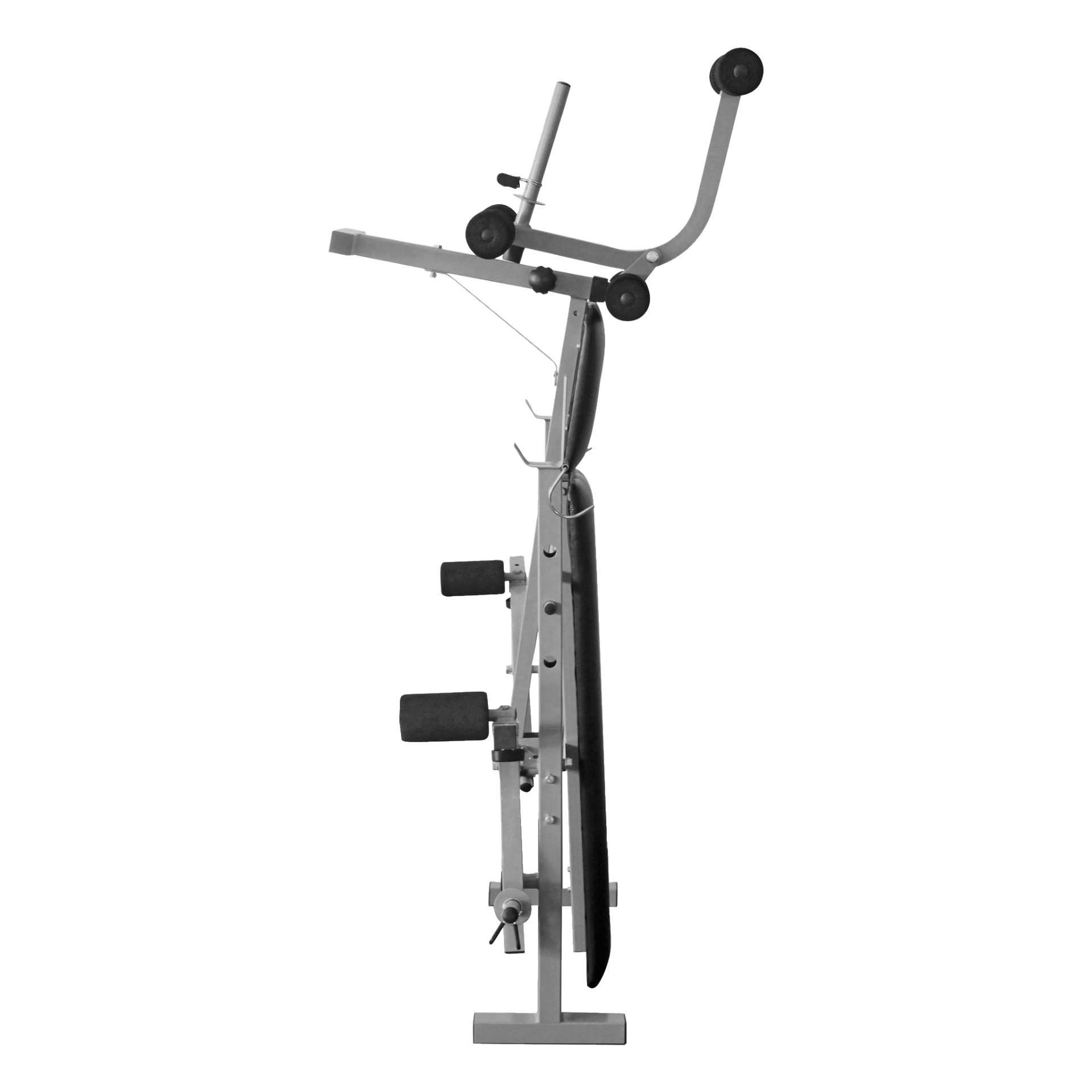 Sidovy av Kayoba Exercise-bänken med vadderade rullar, ett stödjande ryggstöd och ett övre stångfäste.