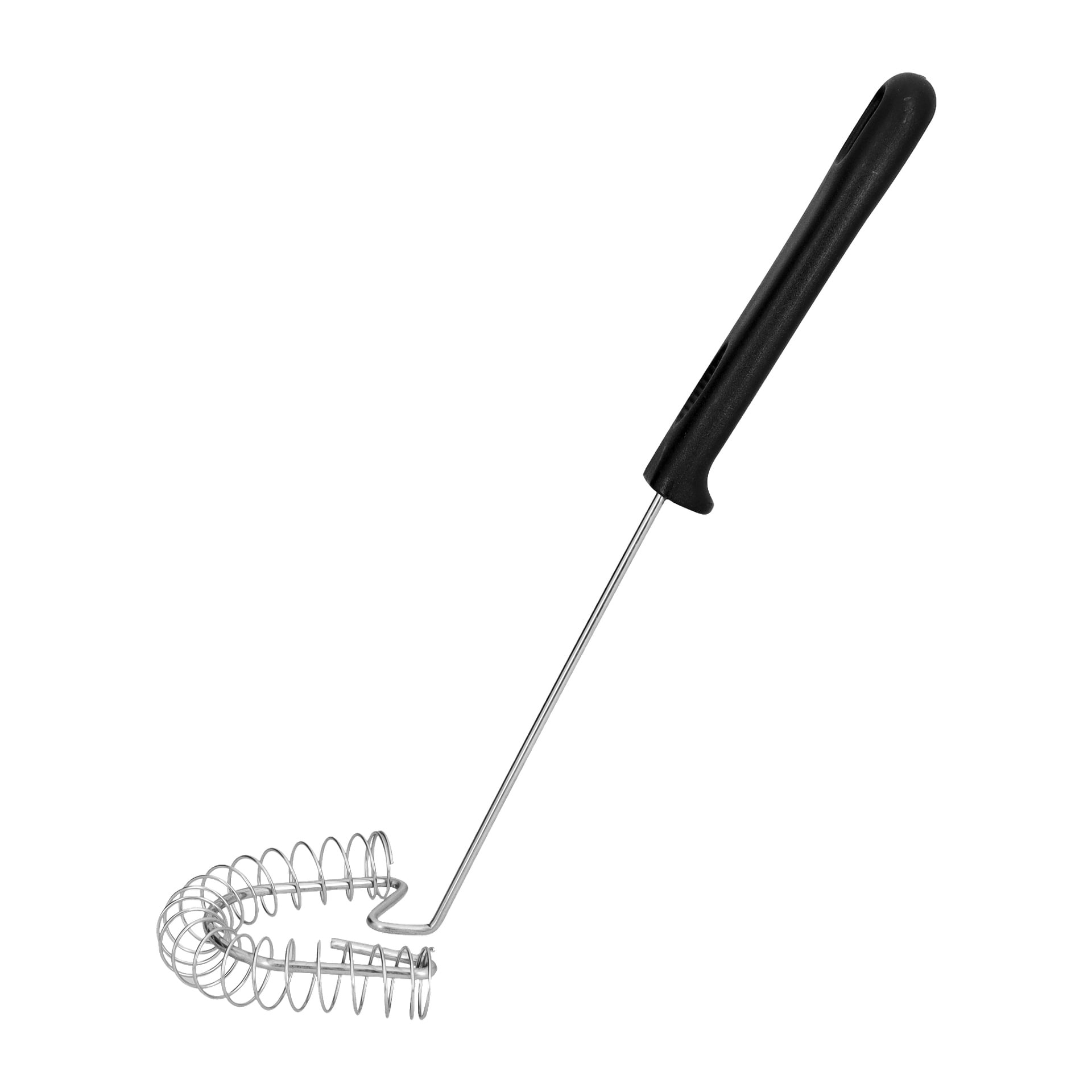 Menuett-vispen är ett köksredskap av metall, designat med ett svart handtag och ett spiralförsedlat trådhuvud som används för att blanda eller slå ingredienser.