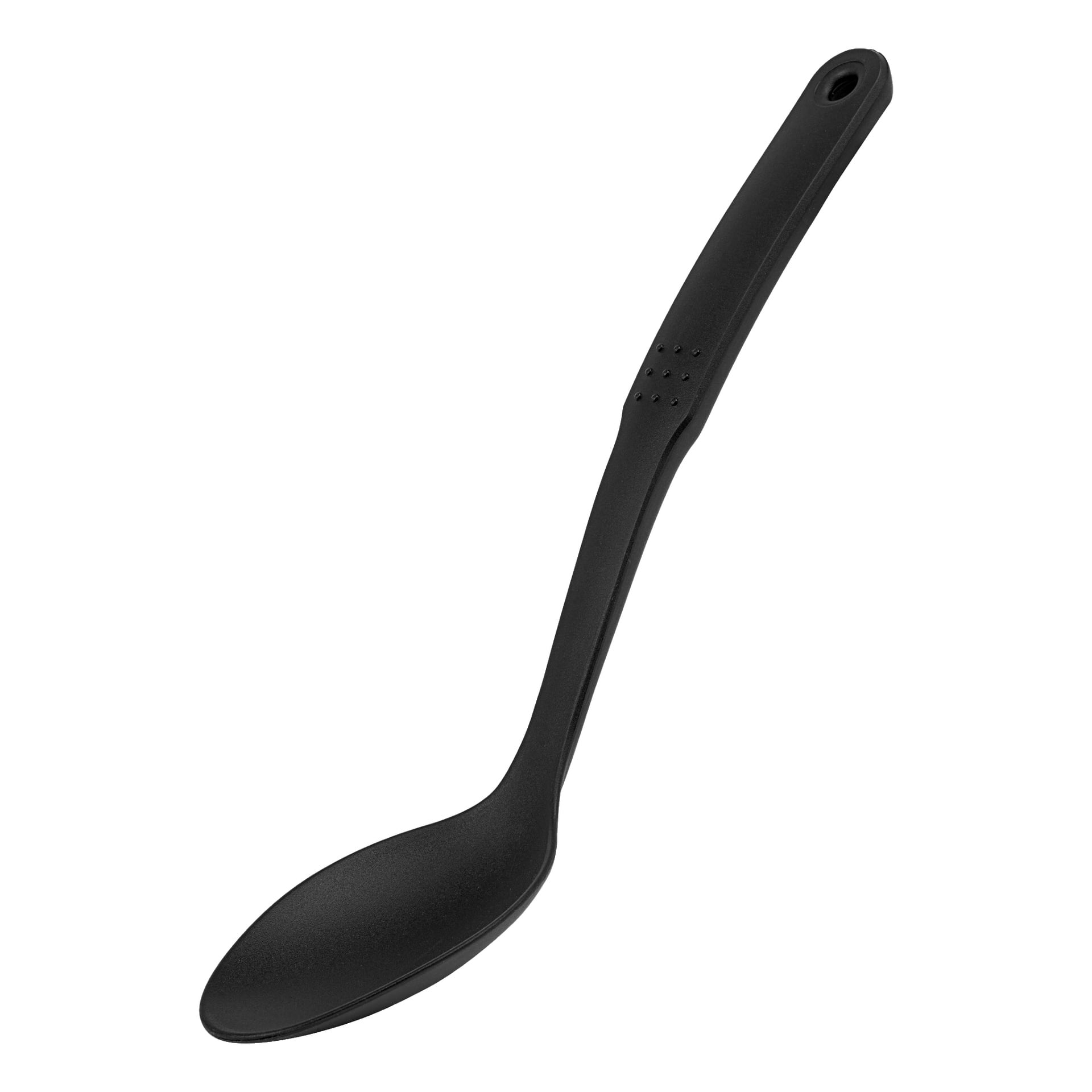 En matt svart Menuett-plastsked med ett långt, lätt böjt handtag som har ett litet hål att hänga i spetsen och en oval skål.