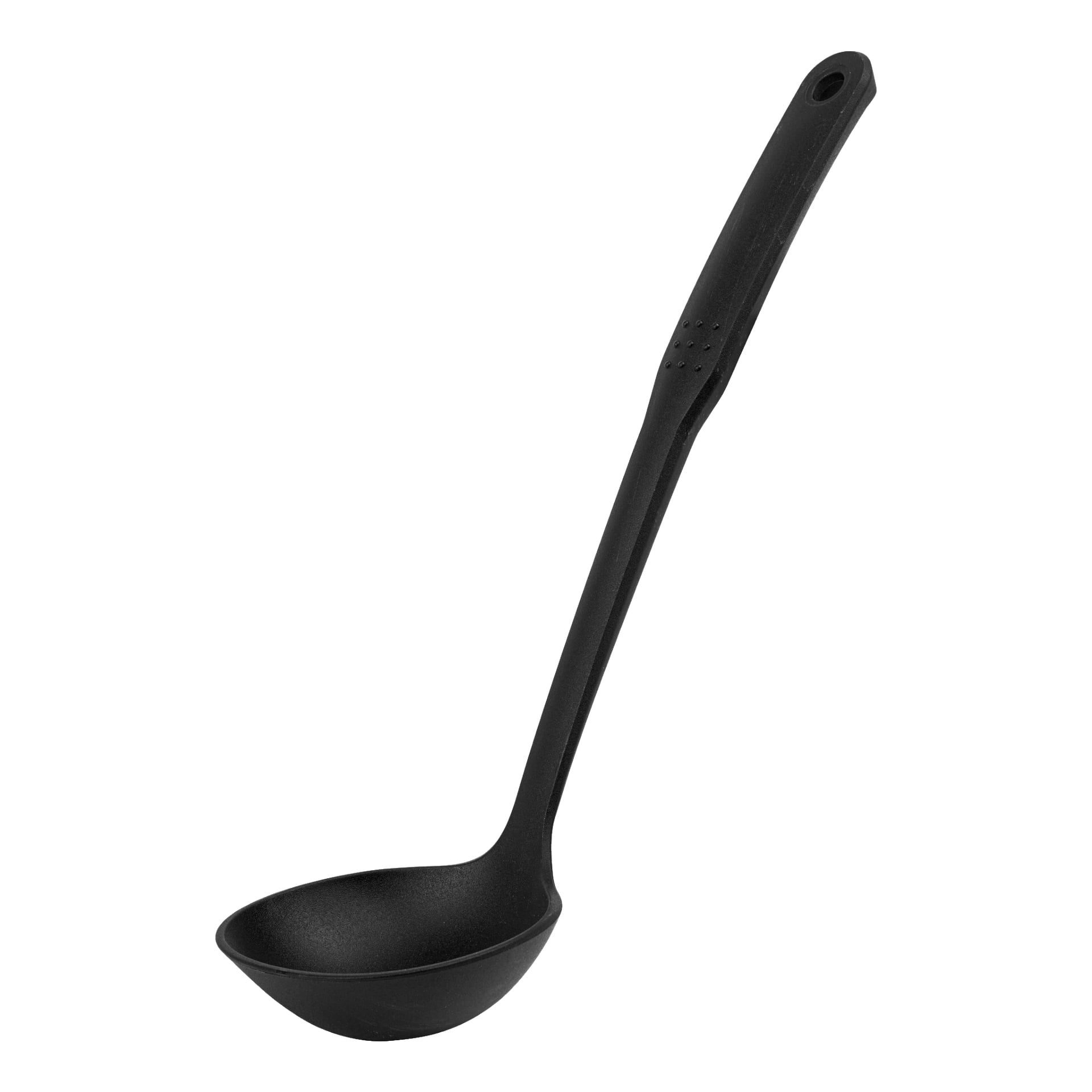 Menuett-skopan är ett svart plastköksredskap med en djup, rundad skål och ett långt handtag som har ett litet hål i spetsen för enkel upphängning.