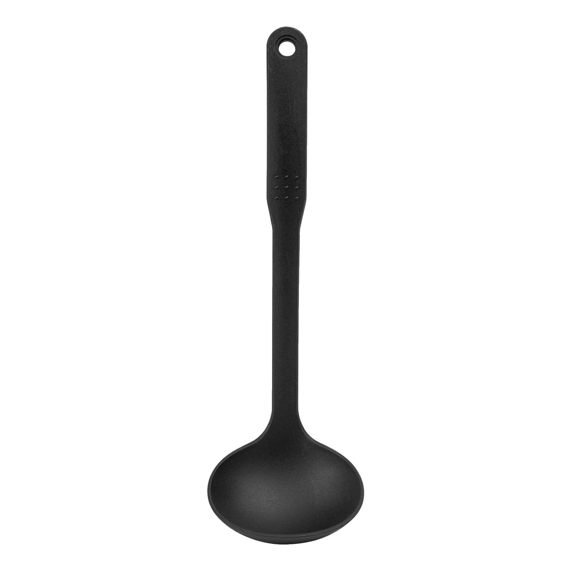 Menuett-sleven är gjord av svart plast och har ett långt handtag med en rund, djup skål. Ett litet hål i slutet av handtaget gör det enkelt att hänga upp.