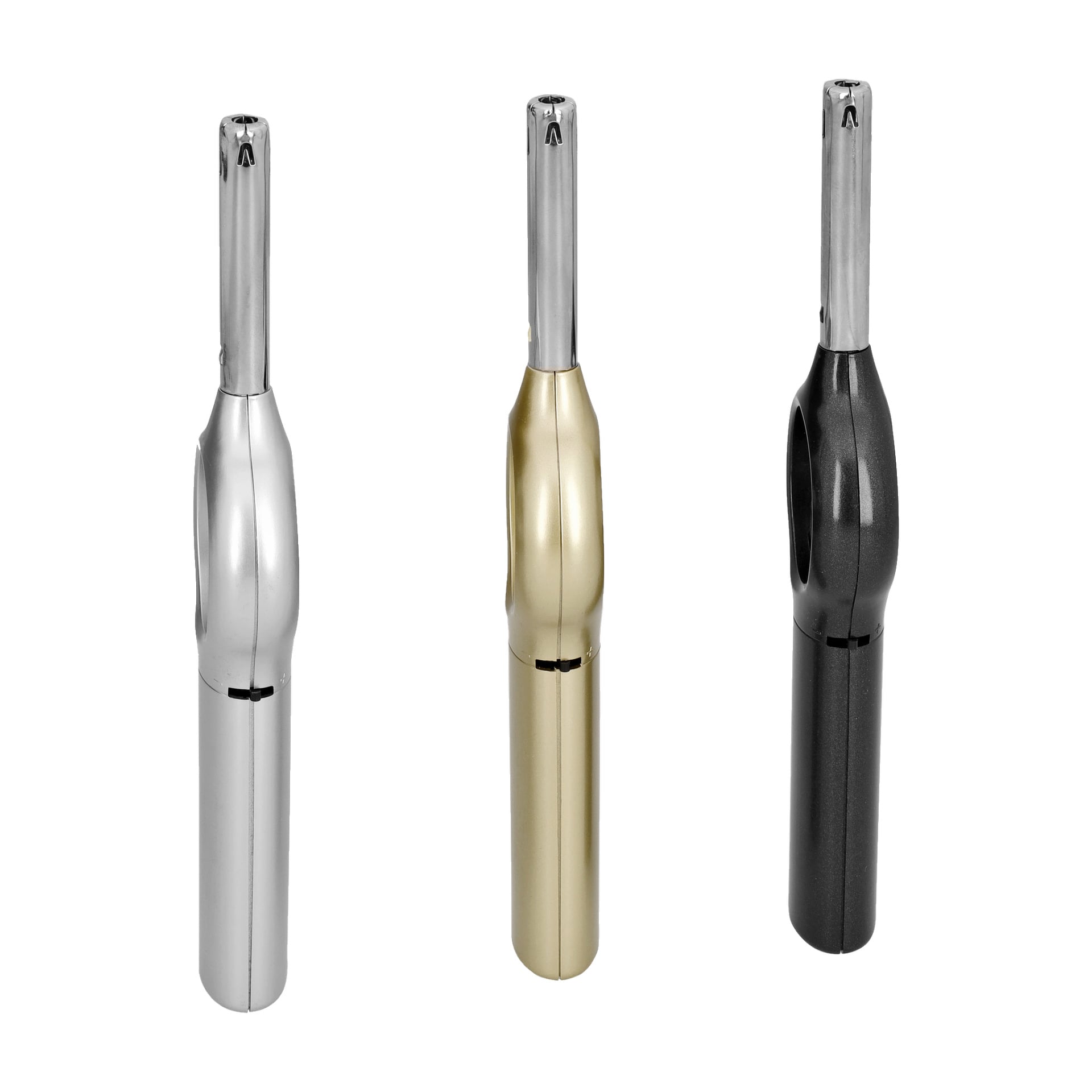 Tre Menuett gaständare från en 3-pack visas stående upprätt, med metalliska ytor i silver, guld och svart samt ergonomiska böjda grepp.