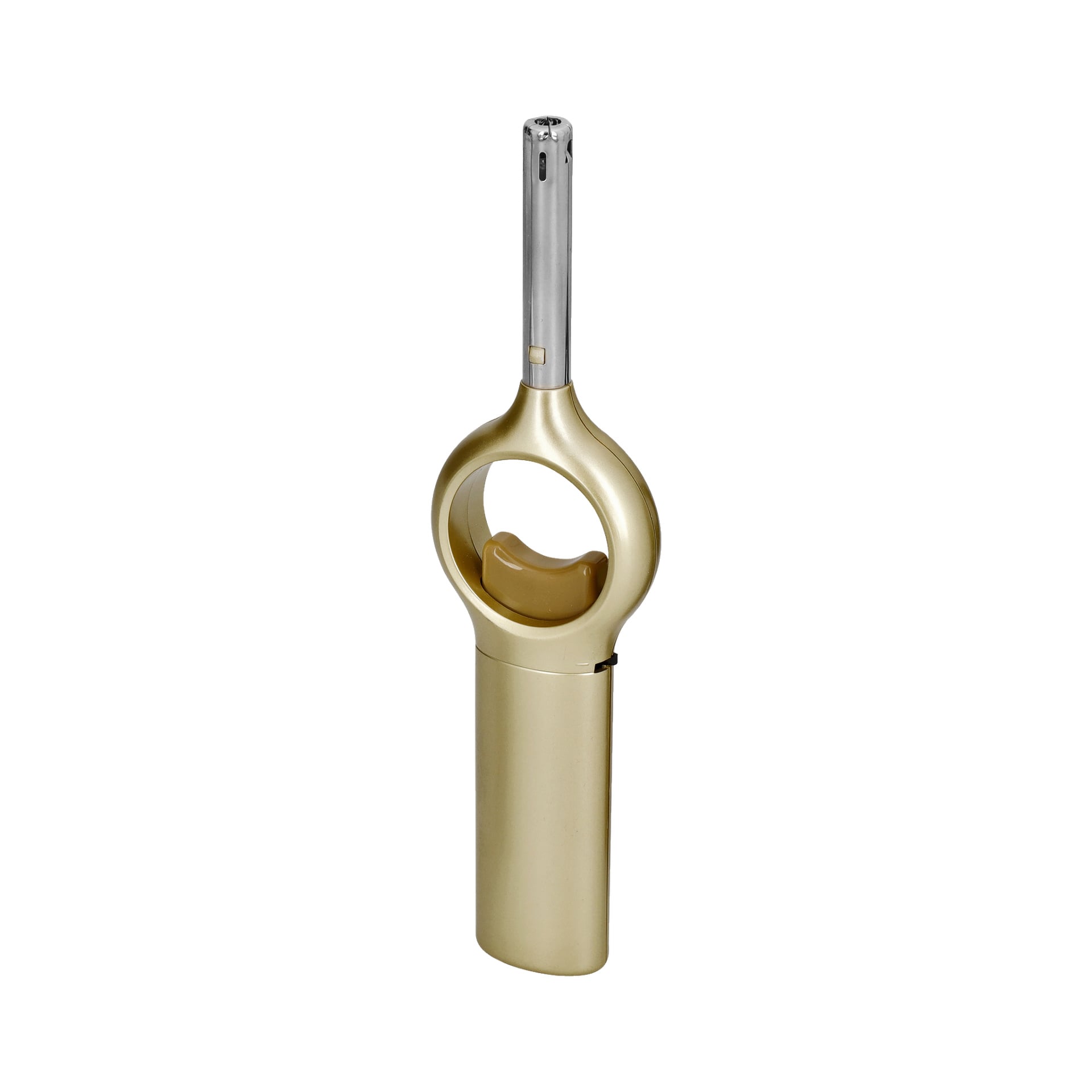 Ett set med tre Menuett-gaslighters i guld- och silvertoner, var och en designad med ett runt handtag och en avtryckarknapp.