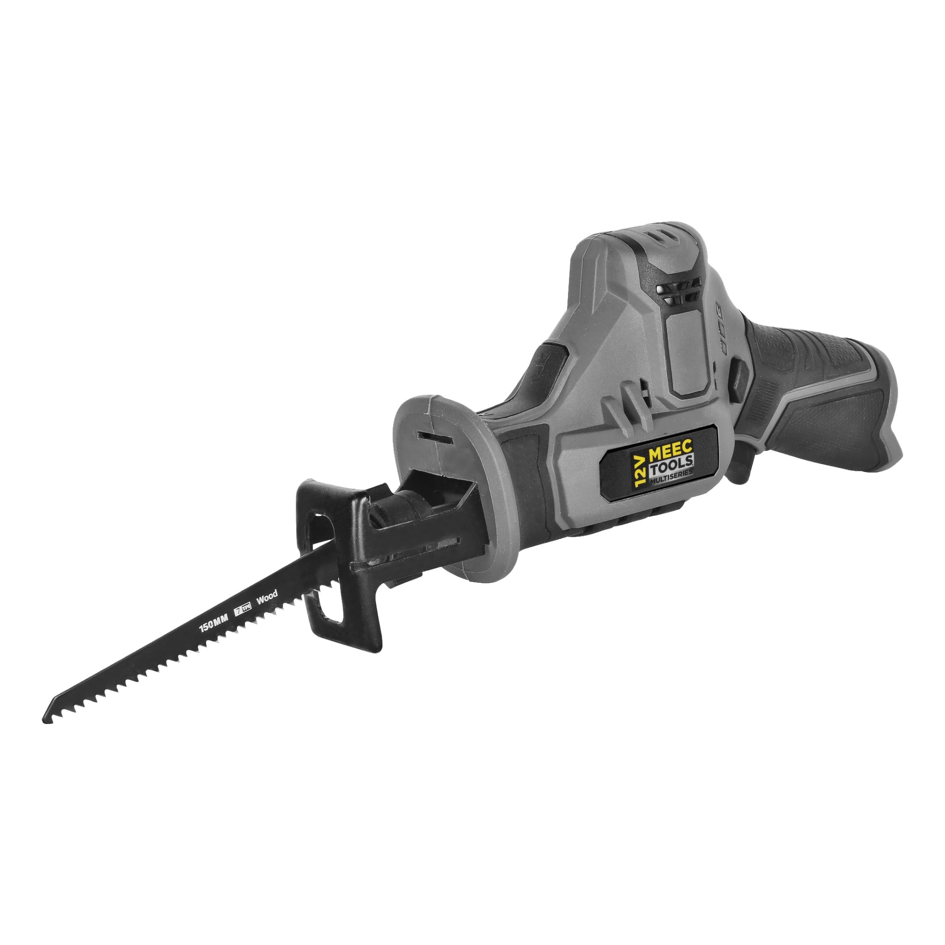 En kompakt grå och svart bajsåg från Meec Tools Multiseries 12 V, utrustad med ett långt tandat blad framtill och med Meec Tools-logotypen.