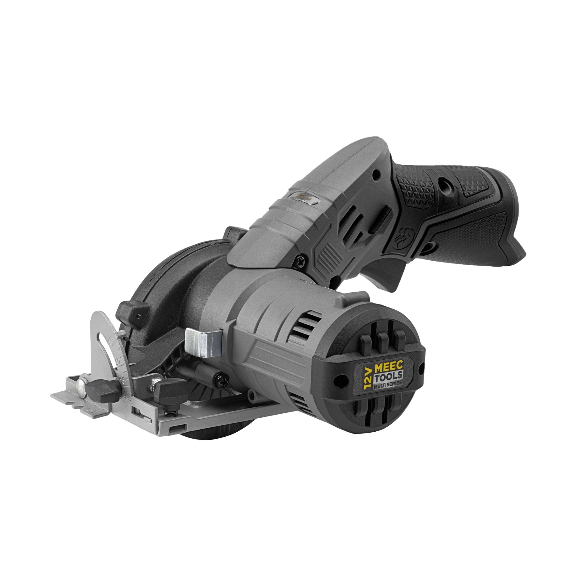 En Meec Tools Multiseries 12 V kompakt cirkelsåg med svart och grått design, ergonomiskt handtag, skyddsskydd och synligt blad.