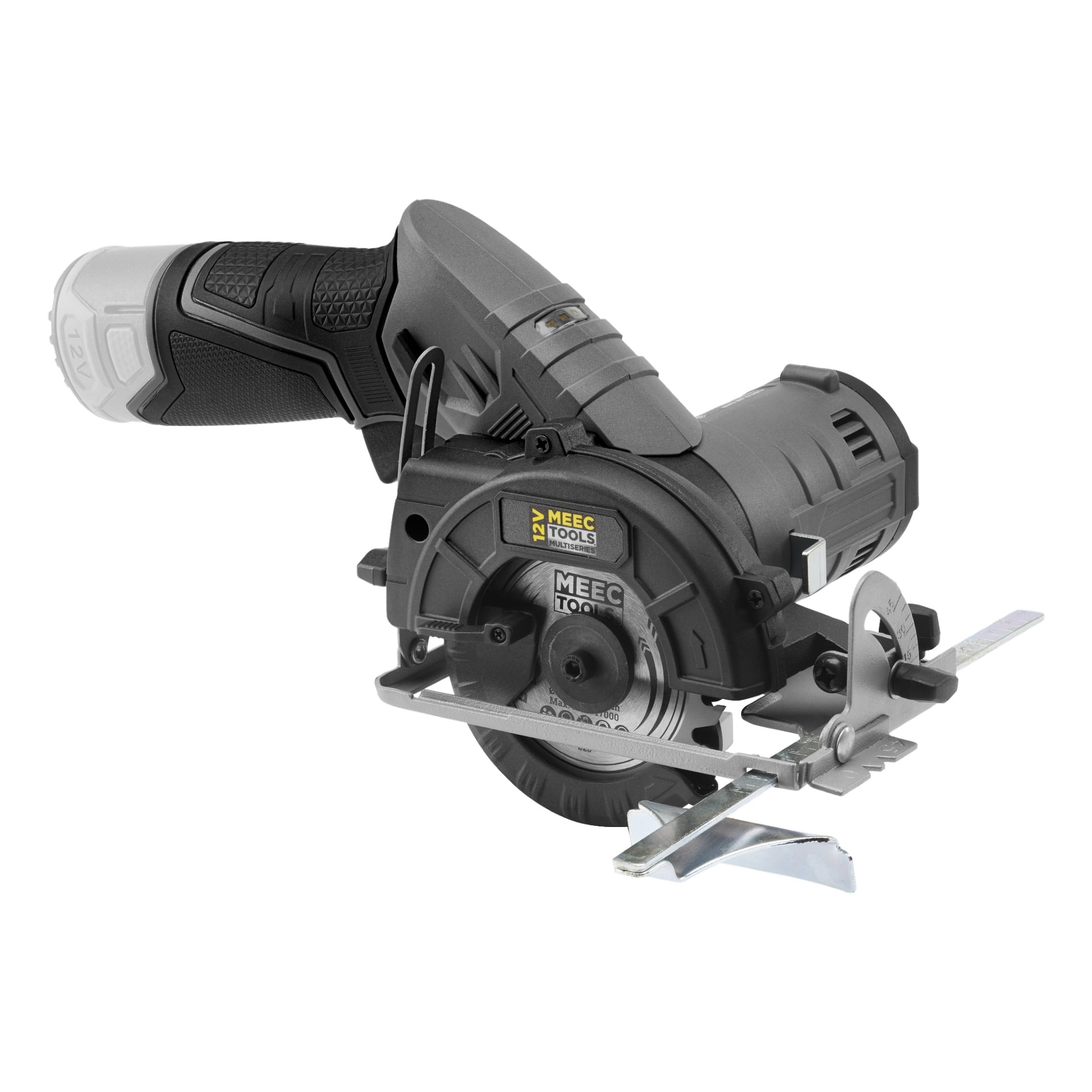 En kompakt svart och grå cirkelsåg från Meec Tools Multiseries 12 V-kollektionen, utrustad med ett handtag med strukturerat grepp, robust metallbasplatta för balans och ett blad som delvis skyddas av ett skyddande skydd.