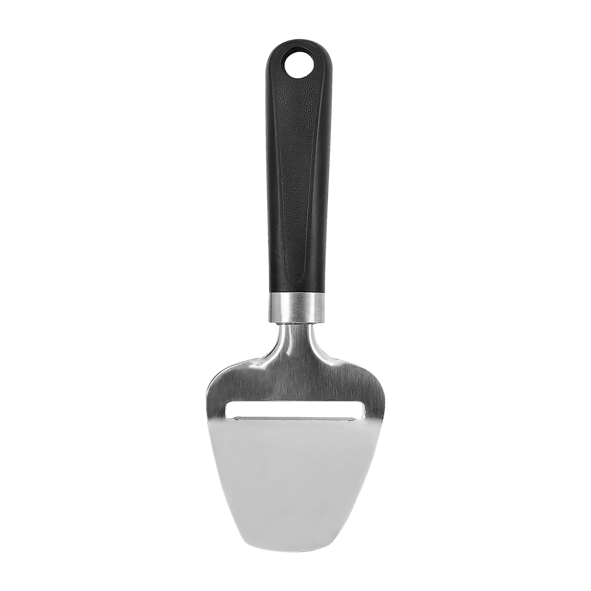 En Menuett-ostskivare med ett brett, platt blad i rostfritt stål som har en horisontell spår, tillsammans med ett svart plasthandtag.